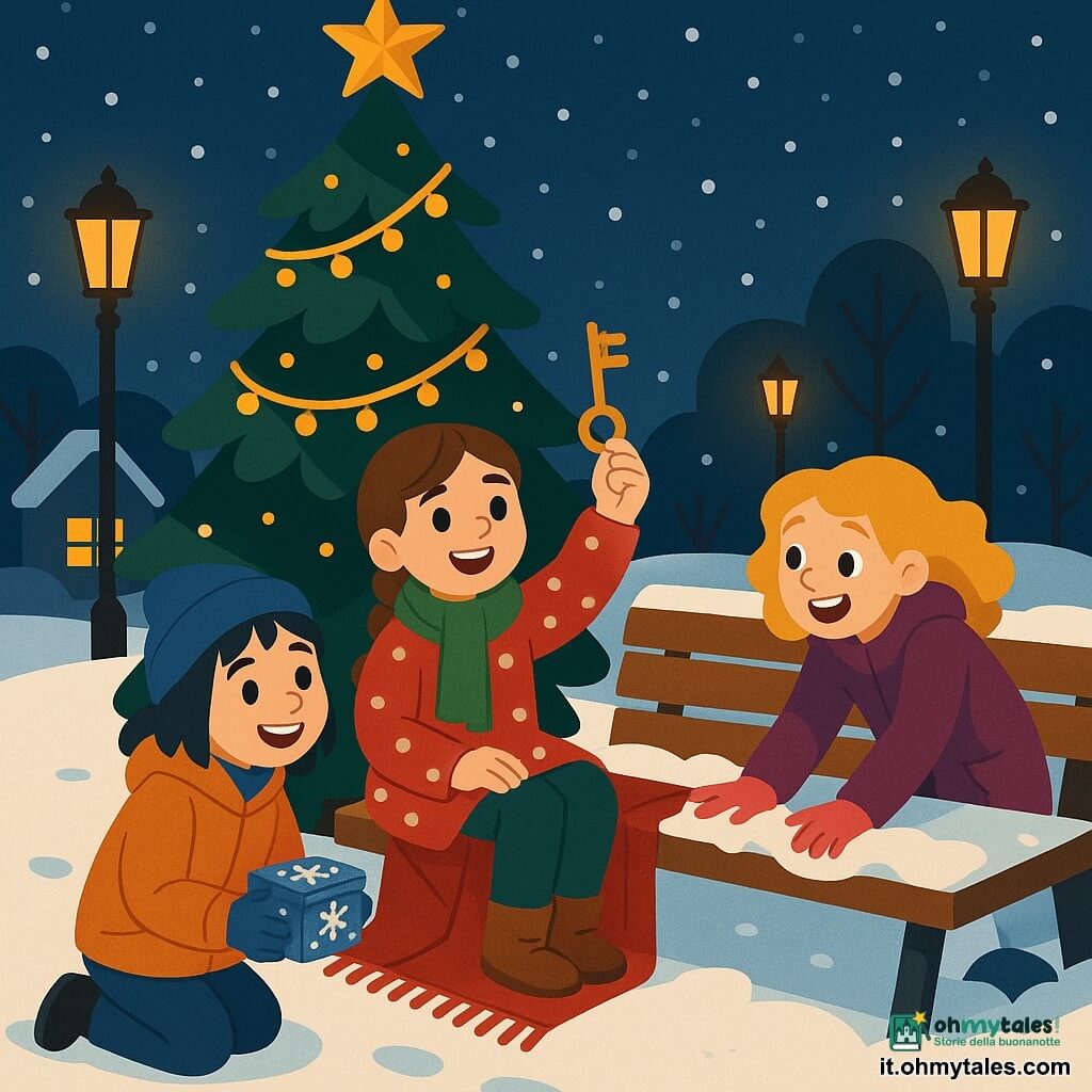 Tre bambine di 10 anni: Camilla, capelli castano chiaro in treccia, cappotto rosso a pois bianchi e sciarpa verde, seduta al centro su una grande coperta rossa sorridente mentre mostra una chiave; Sofia, capelli neri corti con berretto blu e parka arancione, inginocchiata nella neve a sinistra con una scatoletta di metallo decorata da fiocchi, espressione giocosa; Marta, capelli biondi ricci, cappotto viola e guanti rosa, a destra intenta a spazzare la neve dalla panchina, sorpresa e felice. Ambientazione: parco innevato davanti a una casa con finestre illuminate, grande panchina in legno sotto un abete decorato con ghirlande e una grande stella dorata in cima, lampioni caldi, impronte nella neve e cielo notturno blu profondo con fiocchi che cadono. Situazione: le tre amiche hanno trovato una scatola e una chiave sotto la neve vicino alla panchina; atmosfera natalizia calda e misteriosa, meraviglia nei volti, luce morbida che filtra dalla casa e palette calda (rosso, oro, verde) a contrasto col bianco della neve.
