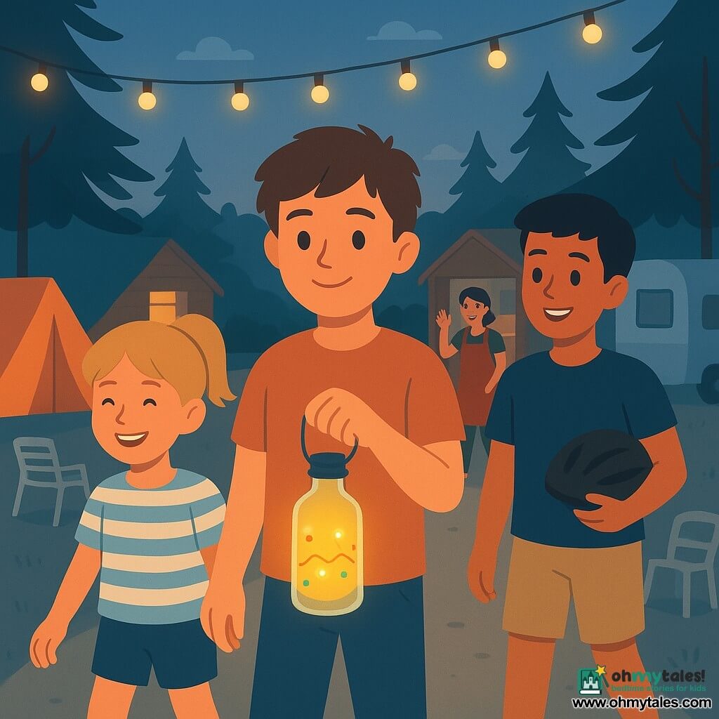 A 12-year-old boy with a round face, messy brown hair, bright eyes and a focused smile stands proud and serene in the center of a campsite lane holding a decorated bottle lantern; his 8-year-old sister with a blonde ponytail laughs softly and walks beside him swinging the lantern with one hand, wearing a striped tee and blue shorts; another boy, about 12 (Nico), with short black hair and a bike helmet under his arm follows on the right smiling admiringly; a woman in her forties with short dark hair and a red apron sits by a small wooden shop with the door ajar in the background and waves; the setting is a dusk campsite lane with string lights between pines, colorful tents and caravans, sandy ground and warm, soft lighting—a peaceful family evening walk with the boy proudly showing his illuminated bottle lantern under the lights, pastel tones and gentle contrasts.