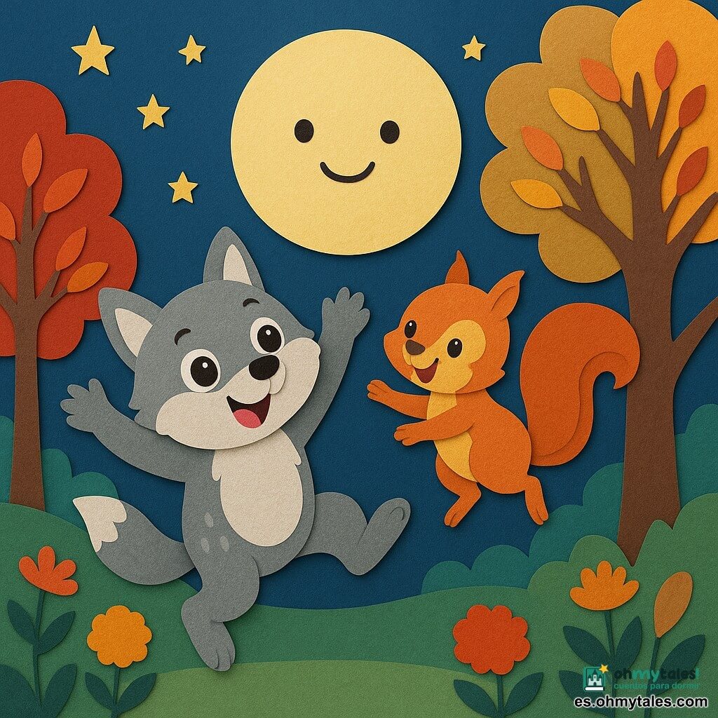 Un pequeño lobo de peluche (personaje principal), rostro redondo y orejas puntiagudas, ojos grandes y brillantes, expresión alegre y asombrada, pelaje gris con manchas blancas, salta sobre las patas traseras con los brazos levantados hacia la luna; una ardilla rojiza y simpática, cola tupida, sonrisa pícara, baja dando un salto desde un tronco junto al lobo con mirada cómplice; la luna es grande, amarillo pálido y con una sonrisa dibujada, baja como una bola luminosa casi al alcance; claro de bosque encantado con árboles de papel de hojas coloridas, flores tipo pompones y cielo azul noche con estrellas estilizadas; escena de los dos amigos saltando y riendo para "atrapar la luna", con siluetas nítidas, colores vivos, textura de papel evidente y composición simple para niños pequeños.