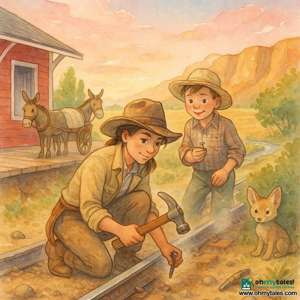 Cowgirl about 20–25, confident gaze and calm smile, brown hair under a worn hat, beige canvas jacket and dusty boots, squatting by shiny rails holding a railroad hammer to drive a spare spike with a concentrated, kindly expression; a 12‑year‑old boy with flushed face, short hair, rumpled straw hat and plaid shirt stands just behind her left, holding a small shiny spike and looking up in admiration; a fawn‑fur coyote pup with oversized ears and plume tail sits in the shadow of a bush to the right, curious; a mule hitched to a small unloaded canvas cart is pegged near the path in the left background; pale red wooden station stop with plank platform, rails stretching toward ochre cliffs and golden prairie with poplars and a nearby stream, warm sunset sky with pink clouds; an improvised rail repair after a small embankment slump, cooperative atmosphere, dust, tools and stones around, composition centered on the woman teaching the boy, soft heroic mood.