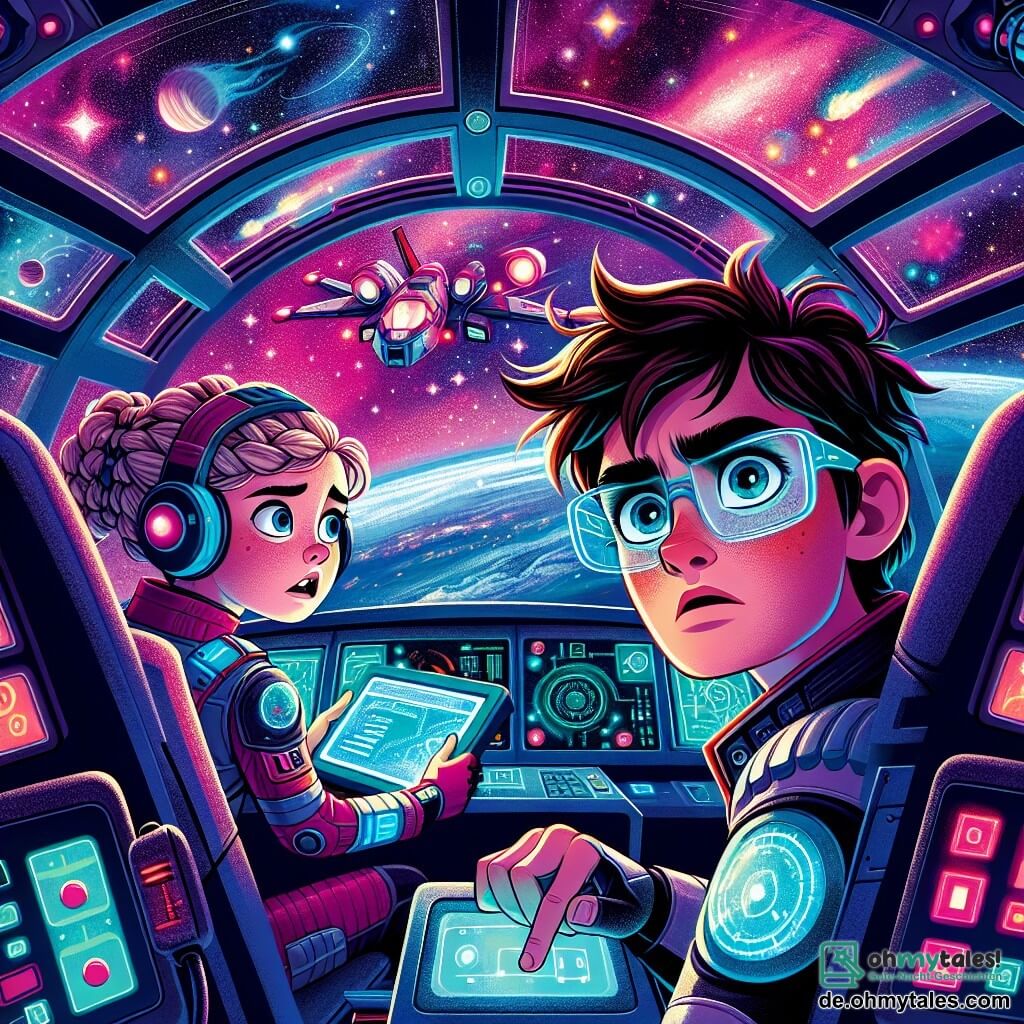 Max, ein junger Mann mit zerzausten braunen Haaren und futuristischen Brillen, sitzt im Cockpit seines Raumschiffs "Galaxia". Sein Gesicht zeigt intense Entschlossenheit, mit leuchtenden Augen voller Aufregung und Sorge. Er konzentriert sich auf die Steuerung, umgeben von leuchtenden Knöpfen und holographischen Bildschirmen. Neben ihm beobachtet Emma, ein 12-jähriges Mädchen mit geflochtenen blonden Haaren und einem ermutigenden Lächeln, die Sterne durch das Fenster. Sie trägt einen bunten Raumanzug und hält ein Tablet, bereit, Max bei den notwendigen Berechnungen zur Erreichung der Station zu helfen. Das Raumschiff fliegt durch einen sternenklaren Himmel, gefüllt mit Planeten in lebhaften Farben und funkelnden Kometen. Rosa und lila Nebel schweben im Hintergrund und schaffen eine magische und dynamische Szene. Max und Emma bereiten sich darauf vor, ein dringendes Problem zu lösen: die große Raumstation Aurora, die in der Ferne sichtbar ist, blinkt besorgniserregend. Sie müssen schnell handeln, um die in Gefahr befindliche Besatzung zu retten, während Meteoriten mit hoher Geschwindigkeit um sie herumsausen und der Abenteuerreise eine spürbare Spannung verleihen.
