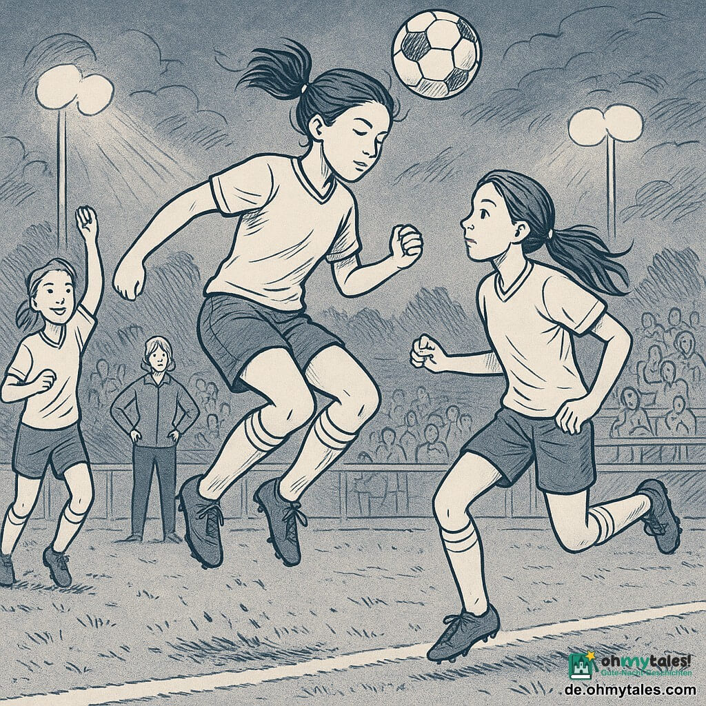Eine junge Fußballerin namens Mila (ca. 14–16 Jahre), konzentriertes, ruhiges Gesicht, Pferdeschwanz, Brust leicht nach vorn, springt für einen leichten, präzisen Kopfball mit der Stirn; entschlossene, gelassene Miene, elegante Haltung, kurzes Trikot, Shorts, sichtbare Schienbeinschoner. Im Hintergrund links die Mitspielerin Jule (~15) mit erhobenen Armen, laufend und lächelnd—sie hat die Flanke gespielt. Neben Mila eine Gegnerin (~15), ebenfalls in der Luft, konzentriert, Arme zum Ausgleich; beinahe nebeneinander im fairen Luftduell ohne harten Kontakt. Hinten rechts Lina (~15) im Strafraum bereit anzunehmen und zu schießen. Am Spielfeldrand Trainerin Kessler (Erwachsene) mit Händen in der Hüfte, zustimmender Blick. Tribüne mit applaudierenden Silhouetten, einige Schals und Westen sichtbar. Schauplatz: nasser Rasen unter runden Scheinwerfern, Fußspuren und Matschspritzer, Toraus- und Seitenlinie markiert, kleine hölzerne Tribüne, abendlicher, wolkenverhangener Himmel. Szene: der genaue Moment des anmutigen, kontrollierten Kopfballs, der den Ball wie eine kleine Brücke zu Lina schickt; gespannte, faire Atmosphäre, dynamische, flüssige Bewegung im Sprung. Stil: feine Tuschelinien, klare Konturen, strukturierte Details für Gras und Kleidung, ablesbare Gesichtsausdrücke, Komposition zentriert auf Milas Sprung, starker Kontrast zwischen Figuren und Hintergrund.