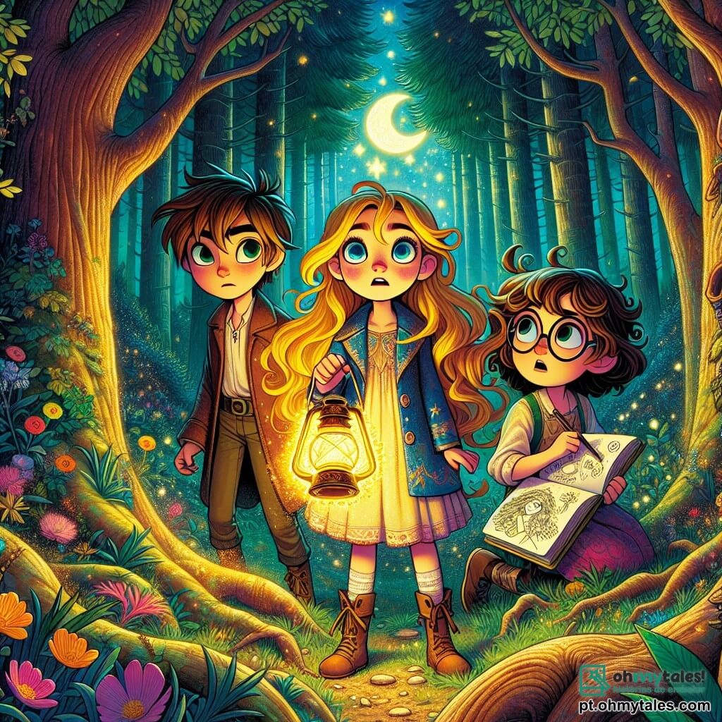 Uma garota de 10 anos, Luna, com longos cabelos dourados e olhos brilhantes de curiosidade, está no centro da floresta encantada. Seu rosto expressa determinação, e ela segura uma lanterna mágica que ilumina seu caminho. Ao seu lado, Tomás, um garoto corajoso de 10 anos com cabelos castanhos bagunçados e um sorriso confiante, observa ao redor com um ar de excitação. Clara, uma menina de 10 anos com cabelos cacheados e óculos redondos, segura um caderno de esboços, anotando o que descobrem. A floresta é densa, com árvores majestosas e folhas verdes brilhando sob a luz da lanterna. Flores coloridas crescem entre as raízes, e uma leve neblina flutua, adicionando mistério à atmosfera. Luna e seus amigos estão diante de um caminho estreito, ouvindo um lobo ao longe, cujo uivo ressoa como uma melodia triste. Eles estão prontos para enfrentar o desconhecido, determinados a descobrir a verdade sobre o Grande Lobo Mau.
