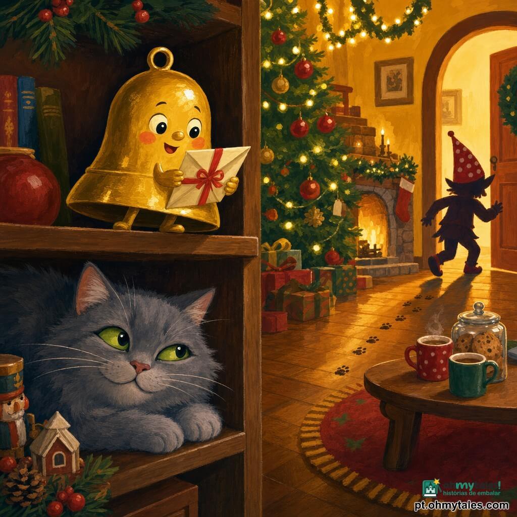 Pequeno sininho antropomórfico dourado, sorridente, segurando um bilhete dobrado com fita vermelha numa prateleira alta; gato cinza e fofo de olhos verdes, deitado em baixo e observando; duende travesso sugerido por uma risadinha fora de cena e sombra colorida com gorro pontudo vermelho às bolinhas, pequenas pegadas levando pela sala; sala de estar de Natal acolhedora com chão de madeira, luzinhas amarelas, árvore com bolas vermelhas e douradas e pote de biscoitos com canecas fumegantes; momento de decisão enquanto o sininho lê o bilhete e hesita em seguir as pegadas, ambiente alegre, cores vivas e texturas de guache com pinceladas visíveis.