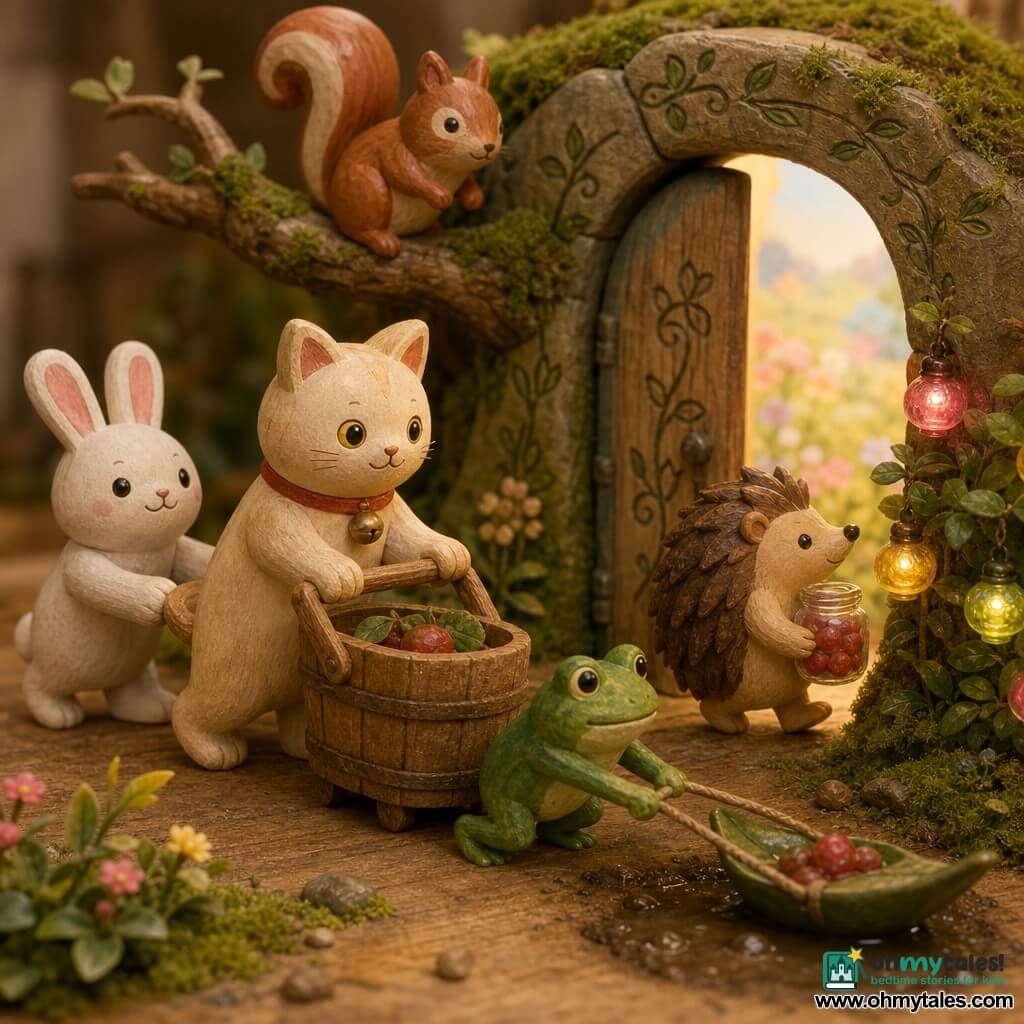 A painted wooden cream kitten with golden round eyes and a red bell, looking brave and warm, gently pushes a wooden basket while a white wooden rabbit with pink ears and a smiling face helps on the kitten's left; a green wooden frog with bright eyes pulls a small leaf boat stuck in mud in front of them, and a brown wooden hedgehog carrying a jar of sparkling red berries walks by a stone door to feed lanterns, while a reddish wooden squirrel with a painted bushy tail perches on a branch above, curious; the scene is centered before a slightly open moss-covered stone door carved with vine patterns revealing a pastel meadow, with miniature glass lanterns in pink, gold, and green hanging in a bush casting soft light, warm pastel colors, visible wood grain textures, soft shadows, childlike diorama style emphasizing mutual aid.