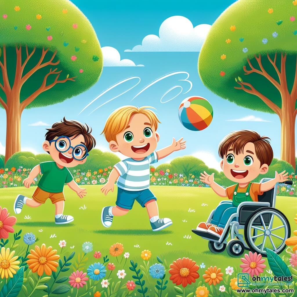 In a sunny park, three friends are having fun together. Sam, an 8-year-old boy with brown hair and glasses, joyfully runs on the green grass, a big smile on his face. Leo, a 7-year-old boy with blonde hair and sparkling eyes, is throwing a colorful ball in the air, laughing heartily. Max, a 9-year-old boy with brown hair and a bright smile, is in his wheelchair, surrounded by colorful flowers, enthusiastically cheering for his friends. The park is filled with majestic trees with green leaves, and vibrant flowers of all colors dance in the wind. A large blue sky stretches above them, dotted with a few fluffy white clouds. The three friends play together, running, laughing, and throwing the ball, enjoying their joyful summer day of friendship.
