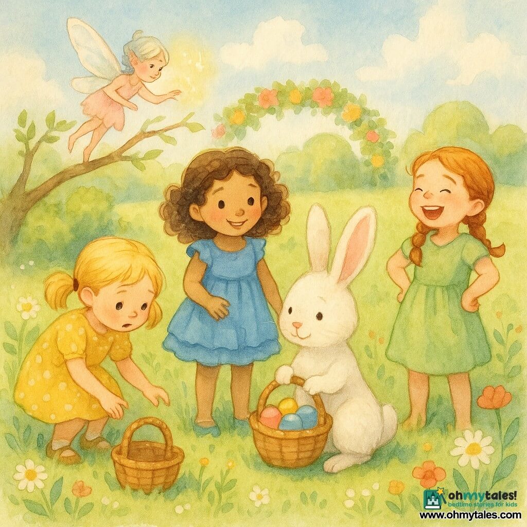 Five characters: Lily, 6, blonde pigtails in a yellow polka-dot dress, crouching left reaching toward a small wicker basket; Mia, 6, curly brown hair in a blue ruffled dress, standing center smiling curiously at the rabbit; Sophie, 6, braided red hair in a light green dress, right with hands on hips laughing; a small fluffy white rabbit with pink ears holding a colorful wicker basket slightly in front of the girls and looking grateful; and a tiny fairy with luminous skin, iridescent translucent wings, pastel dress and silver hair perched on a low branch above the basket pointing gently toward the hiding place — set in a sunny spring meadow of bright green grass, multicolored wildflowers and a flower arch, pale blue sky with cottony clouds; scene: the three girls help the rabbit find its Easter egg basket as the fairy shows the safe spot, joyful pastel watercolor textures, triangular composition, expressions of surprise and kindness.