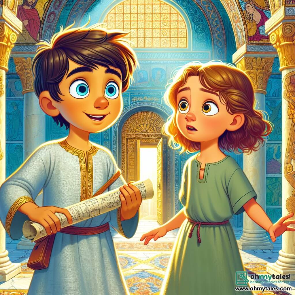 A young boy named Alexios, around 10 years old, stands in the center of the image with bright eyes and an enthusiastic smile. He wears a light blue linen tunic adorned with golden patterns and holds an old rolled-up map in his hands. Next to him is his best friend Theodora, a 9-year-old girl with wavy brown hair and a curious look. She wears a simple green cotton dress and points to a hidden door behind a rug, her face lit up with excitement. Their environment is the Great Palace of Constantinople, featuring high ceilings adorned with golden mosaics and majestic columns. Sunlight filters through stained glass windows, casting vibrant colors on the marble floor. The scene captures the moment Alexios and Theodora discover the secret door, filled with anticipation and mystery, ready to embark on a new adventure.