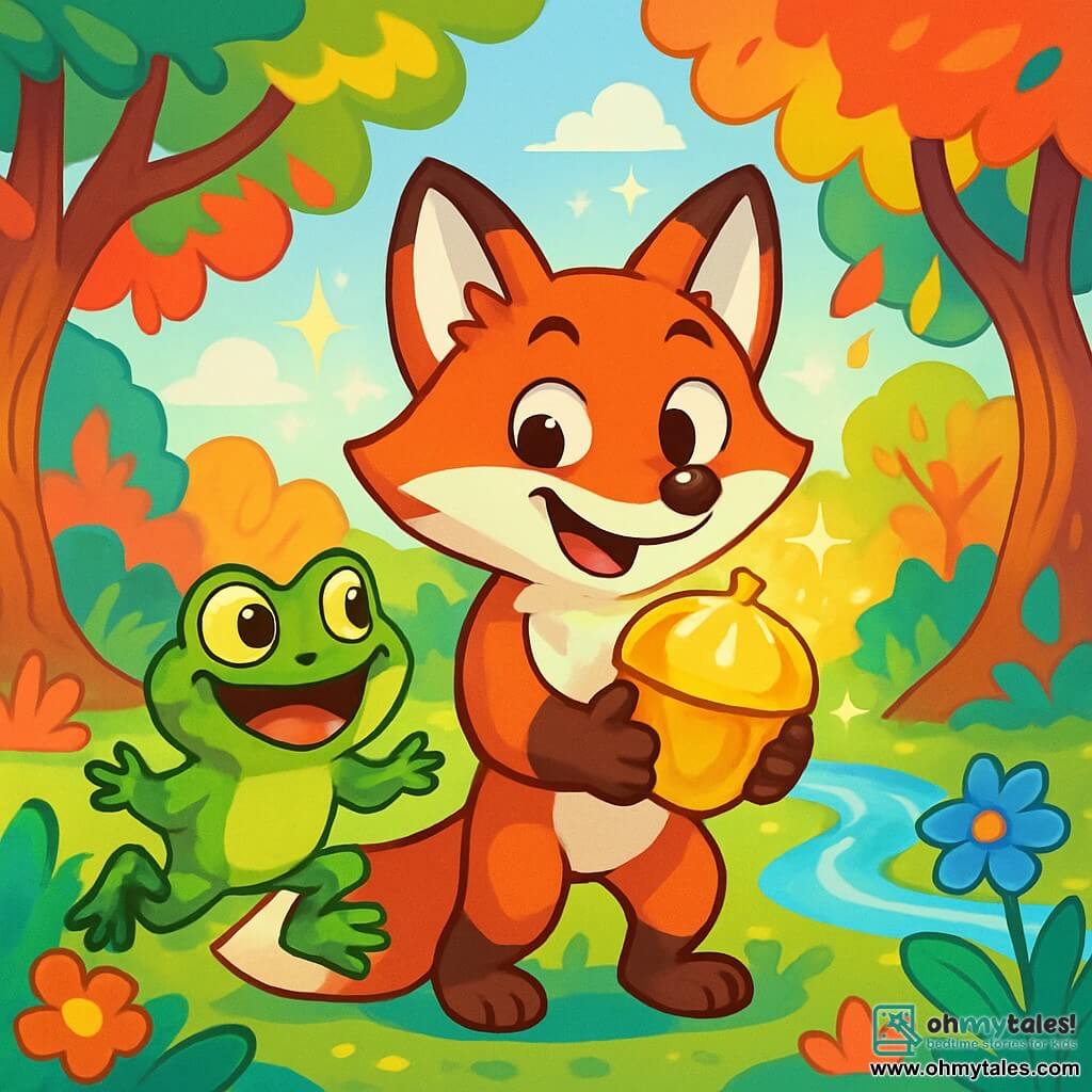 Felix the Fox, a clever fox with bright red fur and sparkling mischievous eyes, stands at the center of the image, wearing a playful smile and holding a large shimmering golden nut in his paws. He is surrounded by an aura of joy and adventure, ready to make a wish. Next to him, Barnaby the Toad, a small green toad with yellow spots, shows an expression of excitement and wonder. He joyfully jumps, his round eyes shining with admiration as he looks at the golden nut. The setting is an enchanted clearing in Wobblewood, where twisted trees with colorful leaves dance in the wind. Brightly colored flowers and sparkling streams add a touch of magic to the environment. The main scene shows Felix and Barnaby, surrounded by golden light, ready to make a wish with the Great Golden Nut, while amusing forest creatures watch them with curiosity and amazement.