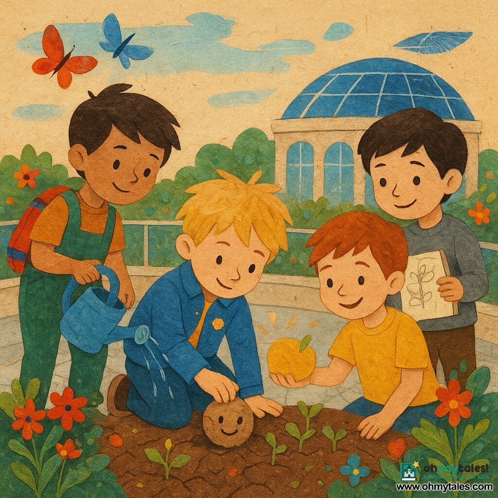 Four 7-year-old boys: Jasper (blond messy hair, blue jacket with a small shiny solar badge, holding a decorated seed ball, centered and leaning toward the soil); Milo (brown tousled hair, green overalls, colorful tool bag, left of Jasper, ready to pour water from a small canteen); Remy (red hair, yellow T‑shirt, holding a glowing apple, right of Jasper, smiling at the sprouts); Theo (black hair, gray sweater, sketchbook with visible drawings, slightly behind Jasper, hand reassuring on his shoulder). Setting: circular rooftop garden atop a glass solar rotunda with silver-tiled floor, transparent balustrade, overflowing rounded beds of cut-paper flowers, stylized solar panels reflecting blue and silver, and bright paper butterflies and birds above. Main action: the four children toss and plant round seed bombs; cracked earth immediately greens with lime shoots and red, blue, and orange flowers bursting like paper confetti in optimistic golden morning light, with torn textures and layered colored paper emphasizing movement and joy.