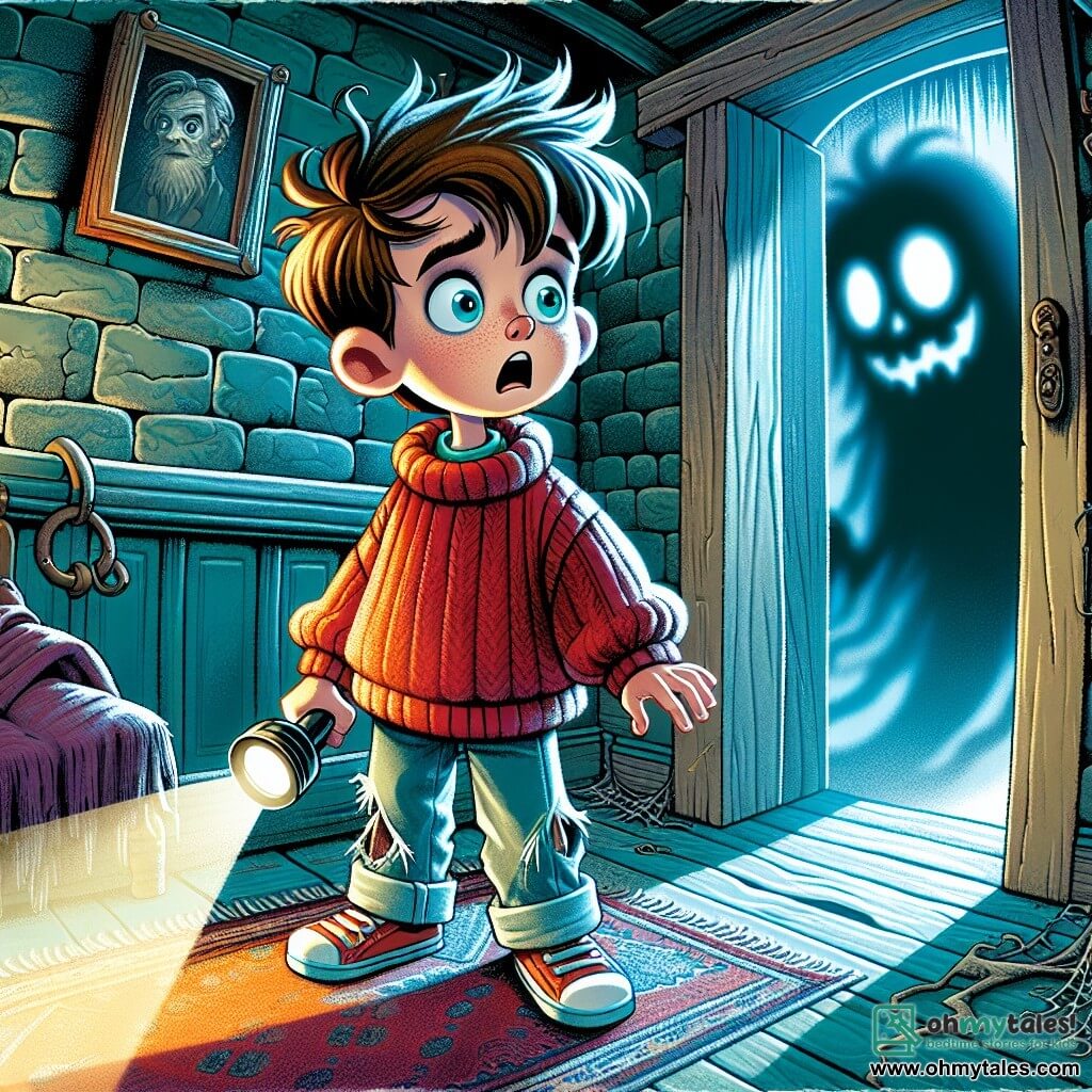 An 8-year-old boy named Timmy stands at the threshold of an old wooden door, his wide eyes shining with excitement and fear. He has messy brown hair, an oversized red sweater, and blue pants torn at the knees. In his hand, he holds a small flashlight illuminating his worried face. Inside the house, a mysterious shadow appears in the corner, a blurry silhouette that could be a ghost or spirit. This shadow is barely visible but exudes an intriguing and frightening aura. The setting is the interior of the old Willowby house, with gray stone walls, cobwebs in the corners, and ancient portraits with piercing eyes that seem to follow Timmy. The floor is covered in worn old carpets, and moonlight filters through dusty windows, creating dancing patterns on the ground. The main scene depicts Timmy, hesitant yet determined, ready to enter the dark house, while a cold breeze rustles the curtains, adding a touch of mystery to the atmosphere.
