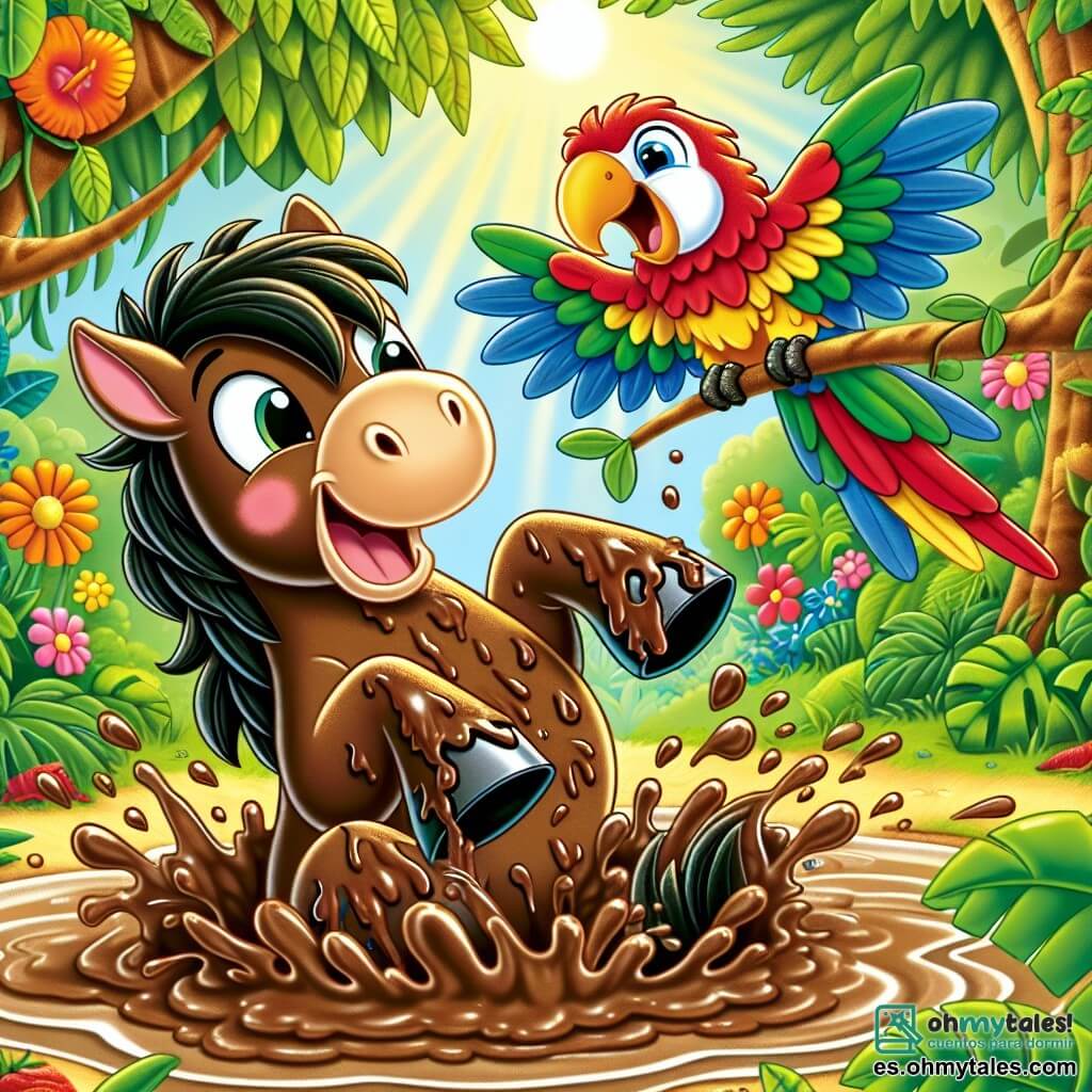 Un caballo llamado Pepino, con un pelaje marrón brillante y una melena ondulada, está cubierto de barro después de resbalar en un charco. Tiene una gran sonrisa en su rostro, mostrando que se divierte a pesar de su estado. Junto a él, un loro colorido llamado Lolo, con plumas verdes, rojas y amarillas, se ríe a carcajadas, posado en una rama de árbol. El escenario es una jungla exuberante, llena de grandes hojas verdes, flores brillantes y rayos de sol filtrándose a través de los árboles. La escena muestra a Pepino levantándose del charco, salpicando agua y barro, mientras Lolo se divierte burlándose de él, creando una atmósfera alegre y juguetona.