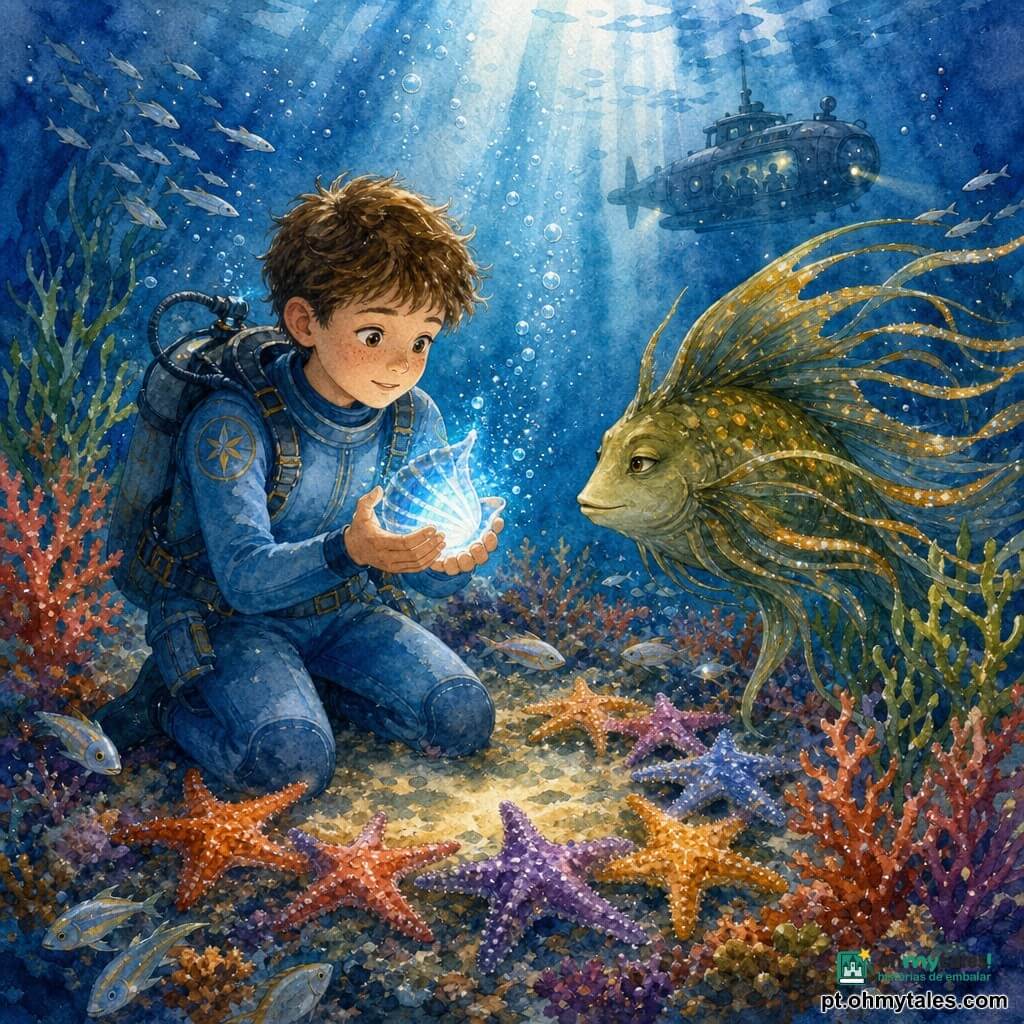 Um menino de 10 anos, maravilhado e concentrado, rosto redondo, cabelo castanho curto e sardas, veste um traje de mergulho azul-claro e segura delicadamente uma pequena concha luminosa azul; um peixe ancião de longas nadadeiras em fita, verde-oliva com manchas douradas, nada logo atrás à sua direita olhando com sabedoria; várias estrelas-do-mar coloridas formam um círculo no fundo do recife, textura rugosa e brilho perolado, tocando o solo em sinal de conselho; ao longe aparece um pequeno submarino cinza-escuro com silhuetas e luzes internas, desfocado pela distância; o recife é rico em corais vermelhos, laranja e violetas, ervas marinhas verdes, cardumes prateados e bolhas subindo, com raios de luz solar filtrados em colunas azuis; a cena mostra o menino protegendo a concha enquanto peixes e corais formam uma barreira viva, contraste entre a luz suave da concha e a profunda azulidade ao redor, composição centrada no círculo protetor; estilo aquarela suave com texturas granuladas, respingos controlados sugerindo movimento da água, paleta em azuis, turquesas, dourado e coral.