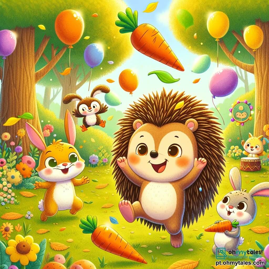 O personagem principal é um ouriço chamado Hugo, com pelagem marrom e espinhos macios que brilham sob o sol. Ele tem um grande sorriso no rosto, expressando uma alegria contagiante, e está malabarizando com cenouras coloridas, cercado por balões flutuantes. Ao seu lado está Benny, o coelho travesso de grandes orelhas brancas, que salta alegremente segurando uma cenoura decorada como um bastão de dança. Um pouco mais adiante, Olívia, a sábia coruja de penas marrons e óculos redondos, está empoleirada em um galho, tocando música com um pequeno pandeiro. A cena se passa em uma clareira ensolarada da floresta, cheia de flores coloridas, grandes árvores com folhas verdes e um tapete de folhas douradas no chão. Animais da floresta se reúnem ao redor deles, todos prontos para se divertir. A situação principal mostra Hugo e seus amigos se preparando para uma festa, com risadas e jogos, enquanto cenouras voam pelo ar, criando uma atmosfera alegre e festiva.