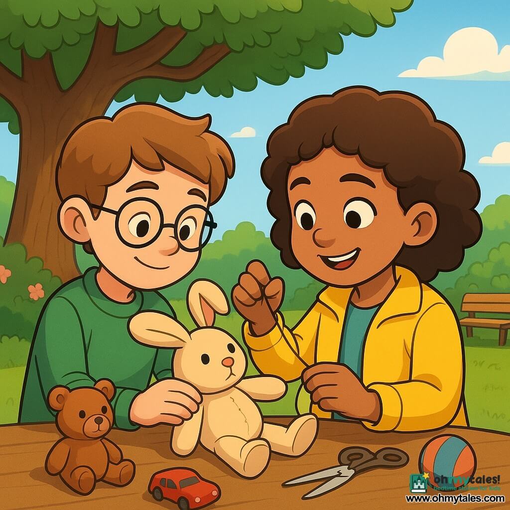 An 8-year-old girl, Mia, with curly brown hair and a warm smile, is sitting at a wooden repair table under a large oak tree. She is wearing a bright yellow jacket and holding a needle and thread, focused and joyful. Next to her, a 9-year-old boy, Jonah, with round glasses and an attentive expression, is helping to sew a stuffed rabbit. He is wearing a green sweater and is seated to Mia's left. In the background, there is a lush park with wooden benches and flowering bushes. The main scene shows Mia and Jonah repairing toys together under a blue sky dotted with white clouds, creating an atmosphere of cooperation and kindness.