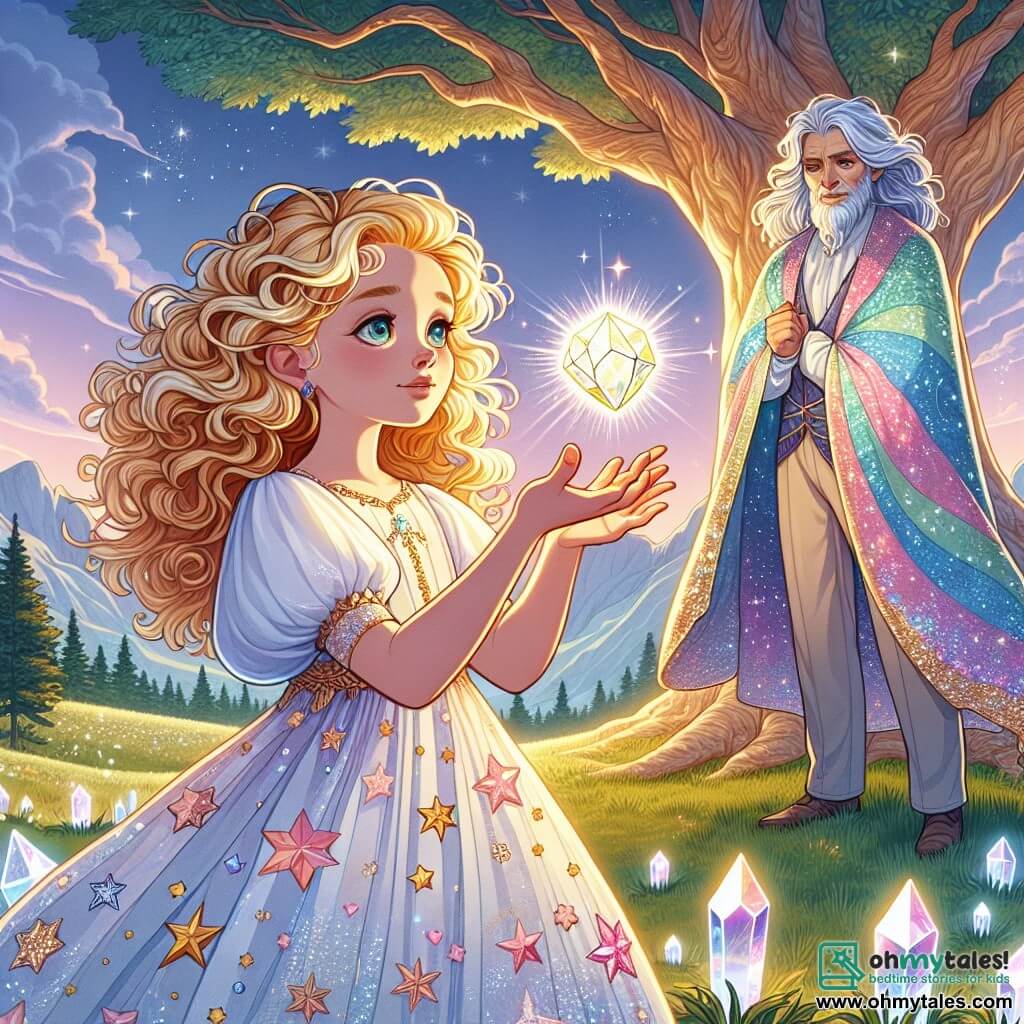 In the center of the image, a 10-year-old girl, Amelia, with curly golden hair, wears a colorful dress adorned with star patterns. Her face shows a mix of determination and wonder as she holds a radiant Gem of Illumination that sparkles brightly. Beside her, Zephyr, a mysterious man in his 30s dressed in a flowing rainbow-colored robe, watches her with a kind smile, his long silver hair gently blowing in the wind. The setting is an enchanting landscape with a pastel-colored sky, lush green hills, and a majestic oak tree whose branches seem to whisper secrets. Shimmering crystals emerge from the ground, reflecting the light from the gem. The scene depicts the moment when Amelia, full of courage, prepares to use the Gem of Illumination to restore balance between magic and science, surrounded by the mystical beauty of the Valley of Whispers.