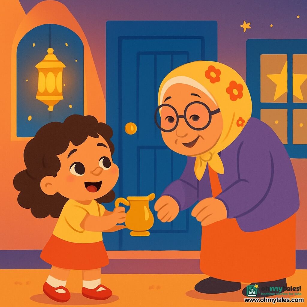 A 4-year-old girl named Aya, with curly brown hair, is wearing shiny red shoes. She has a radiant smile and sparkling eyes, holding a small brass pitcher in her little hands. Next to her is her neighbor, Auntie Noor, an elderly woman around 60 years old, wearing a floral scarf and round glasses. She is smiling warmly at Aya, ready to receive the pitcher. The scene is set in front of a house with a blue door, illuminated by golden lanterns hanging and shimmering in the soft evening light. Paper stars decorate the windows of neighboring houses, creating a festive and warm atmosphere. Aya, looking determined and joyful, is about to bring a refreshing drink to her neighbor before the Ramadan meal, as the sky gently darkens, giving way to the magic of the night.