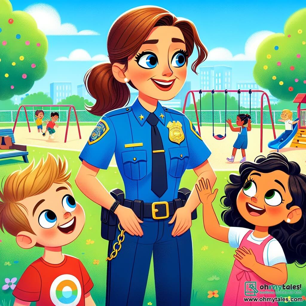 A smiling police officer, Officer Lily, is at the center of the image. She is a woman in her thirties with brown hair tied in a ponytail, wearing a bright blue uniform and a shiny badge. Her face radiates joy and kindness as she explains something to the children. Next to her, a 7-year-old boy named Max, with messy blonde hair and a red t-shirt, listens attentively, his eyes wide with wonder. A bit further away, Mia, a 6-year-old girl with curly hair in a pink dress, raises her hand to ask a question, displaying a big smile. The scene takes place in a sunny park filled with green trees, colorful flowers, and children playing on the grass. Swings and a slide can be seen in the background, adding a cheerful and lively atmosphere to the illustration. Officer Lily is telling a captivating story about her job, surrounded by children who listen attentively, creating an atmosphere of camaraderie and safety.