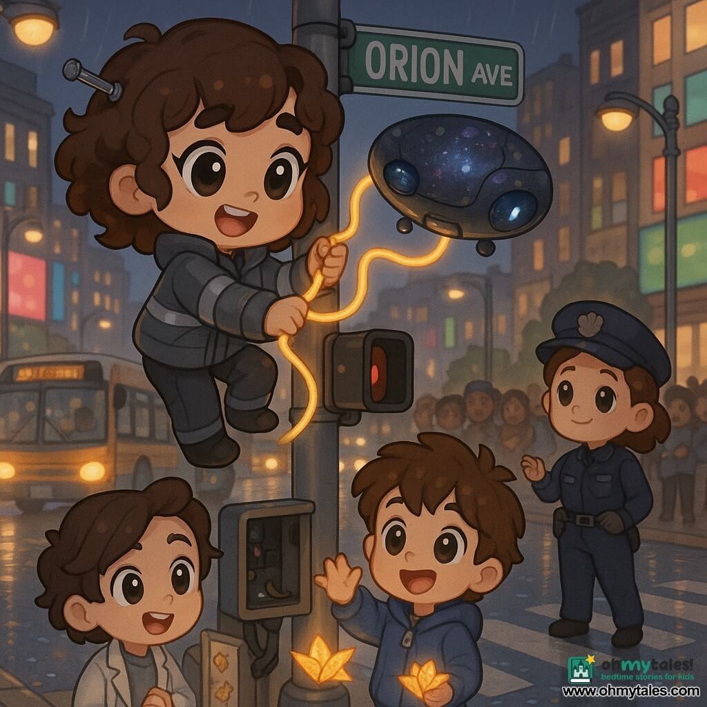 The protagonist is Nova, a young adult woman with a round face, large bright eyes and a determined smile, wearing a short storm-gray jacket with reflective silver trim and curly brown hair held by a screwdriver; she perches on a traffic pole, holding a golden luminous rope that entwines a small drone. The drone, Nocturn-7, is oval and smooth with dark metallic skin and iridescent galaxy patterns, four small blue lights under its belly, immobilized but blinking and confused. Milo, a 12-year-old boy in a blue hoodie with messy hair, watches from the sidewalk waving and holding glowing paper origami. Dr. Sable Kett, about 35, with one shaved side and a white streak, a lab coat stained with ink and solar stickers, stands relieved but concerned near an open control box. A female police officer in her 40s in a dark uniform directs traffic a few meters away, looking toward Nova. The scene is the busy Orion Avenue intersection at night—wide sidewalks, metal street lamps, colorful billboards, buses and cars with warm headlights, shiny painted road lines and water droplets glinting on the asphalt. Main action: Nova suspended on the pole stabilizes the traffic lights with her luminous rope while the small drone wobbles captured; the crowd in the background looks relieved, the mood tense but hopeful.