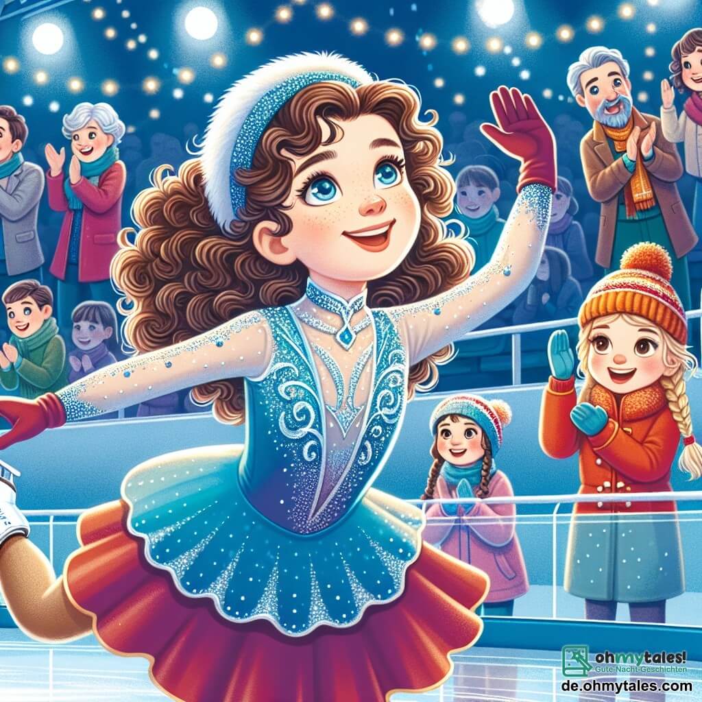 Ein 12-jähriges Mädchen mit lockigem braunem Haar trägt ein glitzerndes Eiskunstlaufkostüm in Blau und Silber. Ihr Gesicht zeigt eine fröhliche Entschlossenheit, während sie eine anmutige Pirouette auf dem Eis ausführt. In der Nähe applaudiert ihre beste Freundin Sophie, ebenfalls 12 Jahre alt, mit geflochtenem blonden Haar, begeistert in einem leuchtend roten Mantel und einer Wollmütze. Ihre Eltern sitzen auf den Tribünen und zeigen stolze Lächeln, die Mutter mit hochgestecktem braunem Haar und der Vater mit einem Schal in den Farben des Teams. Die Szene spielt in einer großen, beleuchteten Eishalle mit funkelnden Lichtern an der Decke und begeisterten Zuschauern rund um die Bahn. Das Eis ist glatt und glänzend, reflektiert die lebhaften Farben der Kostüme der Eiskunstläufer. Die Hauptsituation zeigt das Mädchen, das einen spektakulären Sprung ausführt, mit ausgestreckten Armen und einem freudigen Ausdruck, während die Zuschauer begeistert applaudieren und eine festliche, aufregende Atmosphäre schaffen.