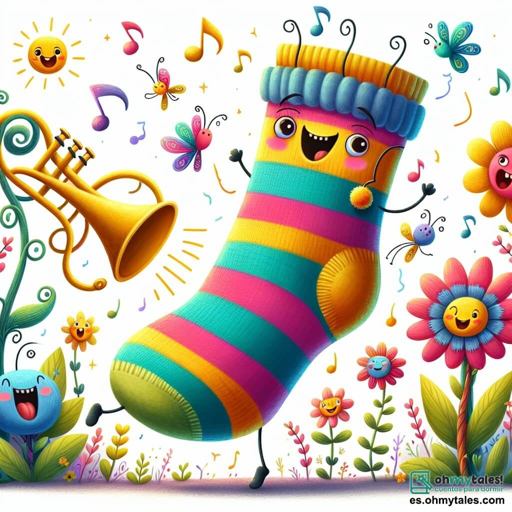 Un calcetín a rayas coloridas, con un pequeño pompón en la punta, danza alegremente en un jardín encantado, mostrando una gran sonrisa de emoción. Sus ojos brillan con picardía mientras se mueve con energía, rodeado de flores cantantes que parecen animarlo. Cerca, una trompeta dorada, con una cara sonriente y ojos redondos, toca una melodía pegajosa, su boquilla brillante reflejando la luz del sol. El jardín es un lugar mágico, lleno de flores coloridas con caras alegres, árboles de ramas retorcidas y mariposas multicolores que vuelan alrededor, creando una atmósfera festiva. La escena principal muestra al calcetín y la trompeta bailando, rodeados de flores cantantes, mientras intentan atrapar un sonido loco que se esconde entre risas y música, creando un ambiente lúdico y absurdo.