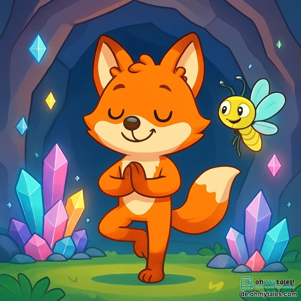Ein kleiner Fuchs namens Felix mit leuchtend orangefarbenem Fell und neugierigen Augen macht eine Yoga-Pose, steht auf einem Bein und lächelt friedlich. Er befindet sich in einer wunderschönen Höhle, die von funkelnden Kristallen erleuchtet wird, die sanfte und beruhigende Farben ausstrahlen. Neben ihm schwebt eine kleine Glühwürmchen namens Lila mit einem leuchtenden Körper und zarten Flügeln fröhlich in der Luft, ihre Augen strahlen vor Aufregung, während sie ihn anfeuert. Die Höhle ist von glatten Ste Mauern umgeben, die mit Kristallen geschmückt sind, die wie Sterne leuchten, und der Boden ist mit weichem, grünem Gras bedeckt. Felix, konzentriert und entspannt, atmet tief ein, während Lila um ihn herumtanzt und eine magische und friedliche Atmosphäre schafft, die perfekt für das Erwachen zu Gelassenheit und Wohlbefinden ist.