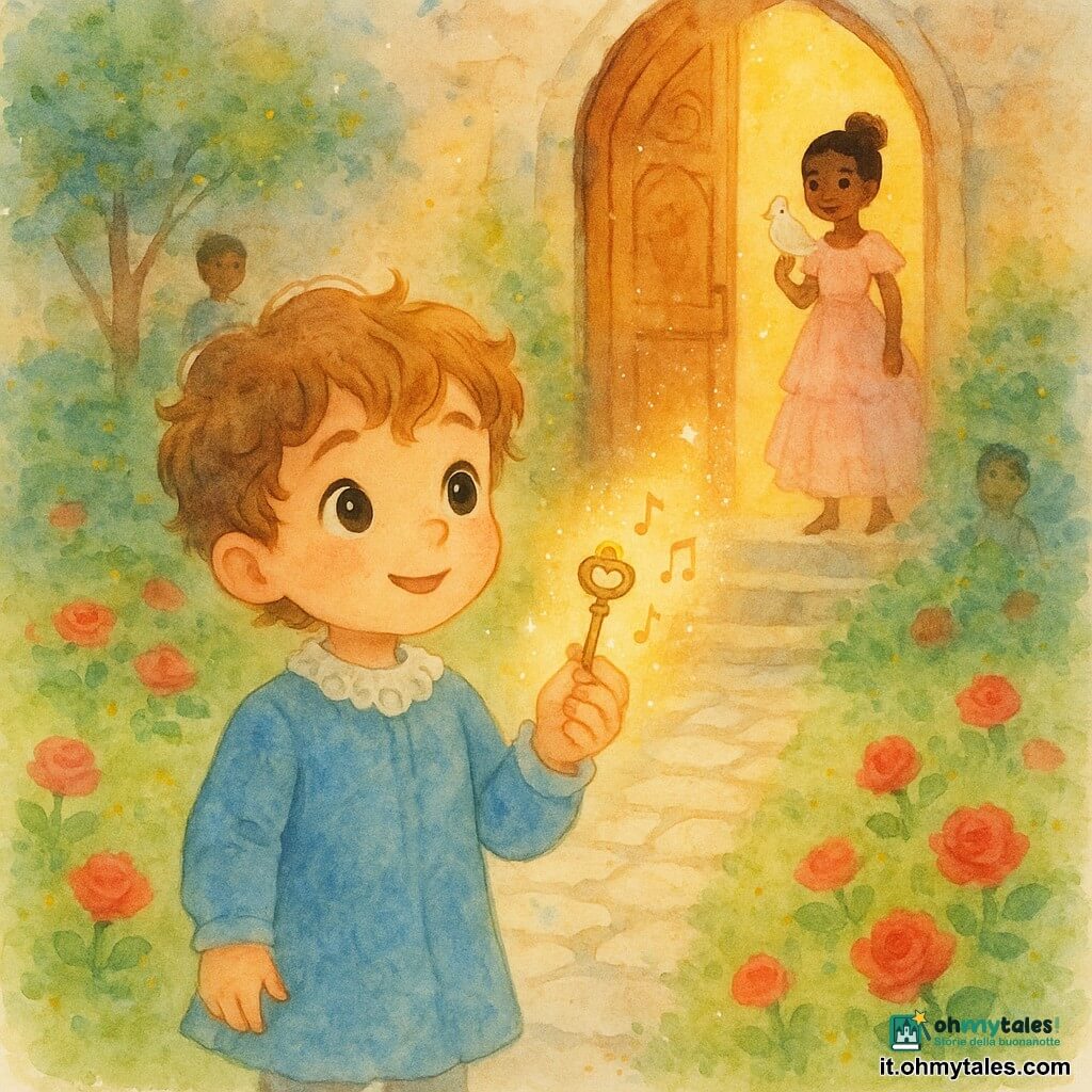Il protagonista è un ragazzo, il piccolo principe Lino, espressione dolce e meravigliata, capelli castano chiaro ricci, occhi grandi e luminosi, abito di velluto azzurro chiaro con colletto di pizzo; tiene nella mano destra una piccola chiave d’oro scintillante, che è anche un personaggio secondario, minuta come un ciondolo, che brilla ed emette piccole note musicali visibili vicino alla sua mano. In lontananza, sul perroncino, appare una principessa adolescente sorridente in un abito rosa pallido a volant, che guarda il principe con benevolenza tenendo la zampa di un uccello bianco appoggiato sulla spalla. La scena è un giardino di castello al crepuscolo, prato verde punteggiato di rose rosse, viale lastricato in pietra chiara e una grande porta di legno intagliato semiaperta dietro il principe; lanterne dal bagliore dorato sospese ai rami. Il principe apre delicatamente la porta segreta con la chiave d’oro: una luce calda e polvere di stelle fuoriescono, atmosfera magica e tenera, composizione centrata sui personaggi davanti alla porta.