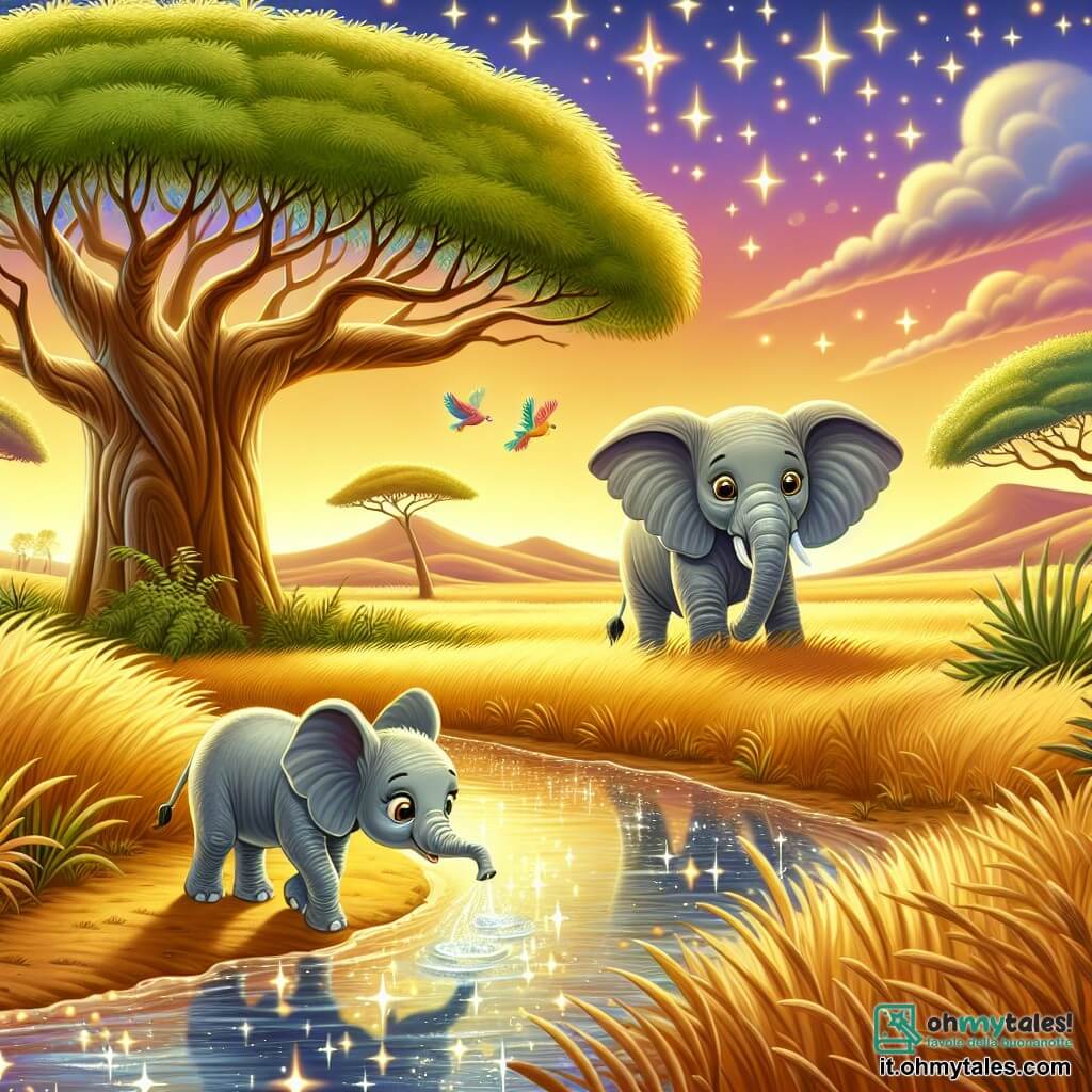 Al centro dell'immagine, Nala, una giovane elefantessa dalle grandi orecchie e dalla pelle grigia morbida, osserva meravigliata il riflesso delle stelle nel fiume che canta. I suoi occhi brillano di curiosità e gioia, mentre si tiene sulle zampe anteriori, pronta a tuffarsi nell'acqua scintillante. Accanto a lei, un vecchio baobab maestoso, con un tronco largo e rami estesi, sembra osservarla con saggezza. Le sue foglie verdi danzano dolcemente al vento, aggiungendo un tocco di magia alla scena. Il luogo è una savana dorata, baciata dalla calda luce del sole al tramonto, dove l'erba alta ondeggia come un mare dorato. Sullo sfondo, dolci colline si delineano sotto un cielo colorato di rosa e arancione, mentre uccelli colorati volano gioiosamente. La scena principale mostra Nala, meravigliata, che scopre la magia della pioggia di stelle riflessa nel fiume, rendendosi conto che la bellezza e la magia risiedono nelle piccole cose della vita.