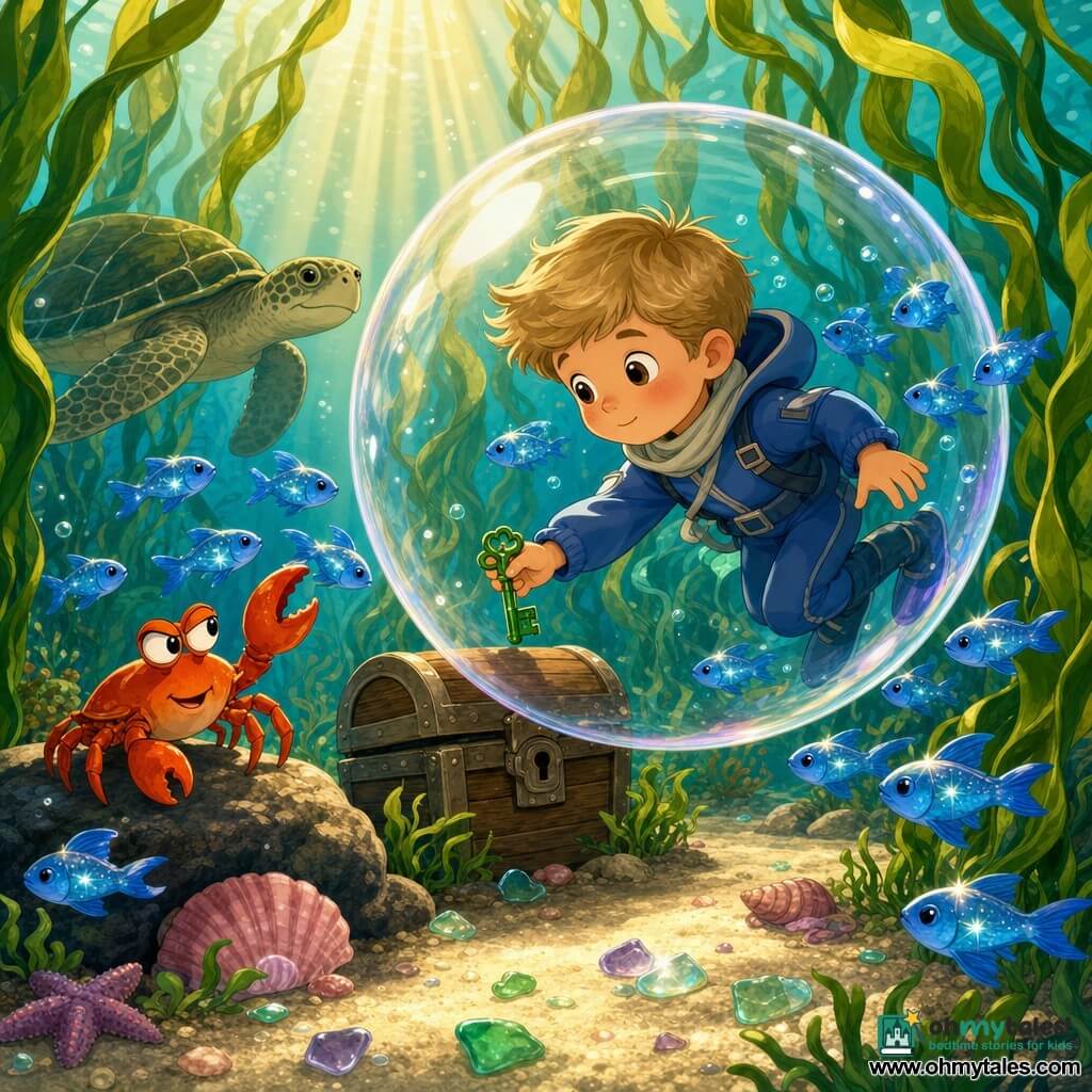 A 6-year-old boy with short sandy hair and a gentle face, eyes wide with wonder, floats inside a large shimmering transparent bubble holding a small green key in his left hand; he wears a blue hooded wetsuit and light scarf, a red-orange hand-sized crab clicks its claws on a rock beside the bubble looking mischievous, a group of sparkling small blue fish (Flicker Fish) swims tightly around the bubble through nearby kelp strands, a calm green-speckled sea turtle glides in the background slightly left for depth, the scene is a waving green kelp forest with sunbeams painting golden bands on pale sand scattered with pink shells and sea glass, and the bubble arrives at the entrance of a small wooden chest nestled among the kelp as the key is ready to be inserted, creating a gentle, wondrous mood.