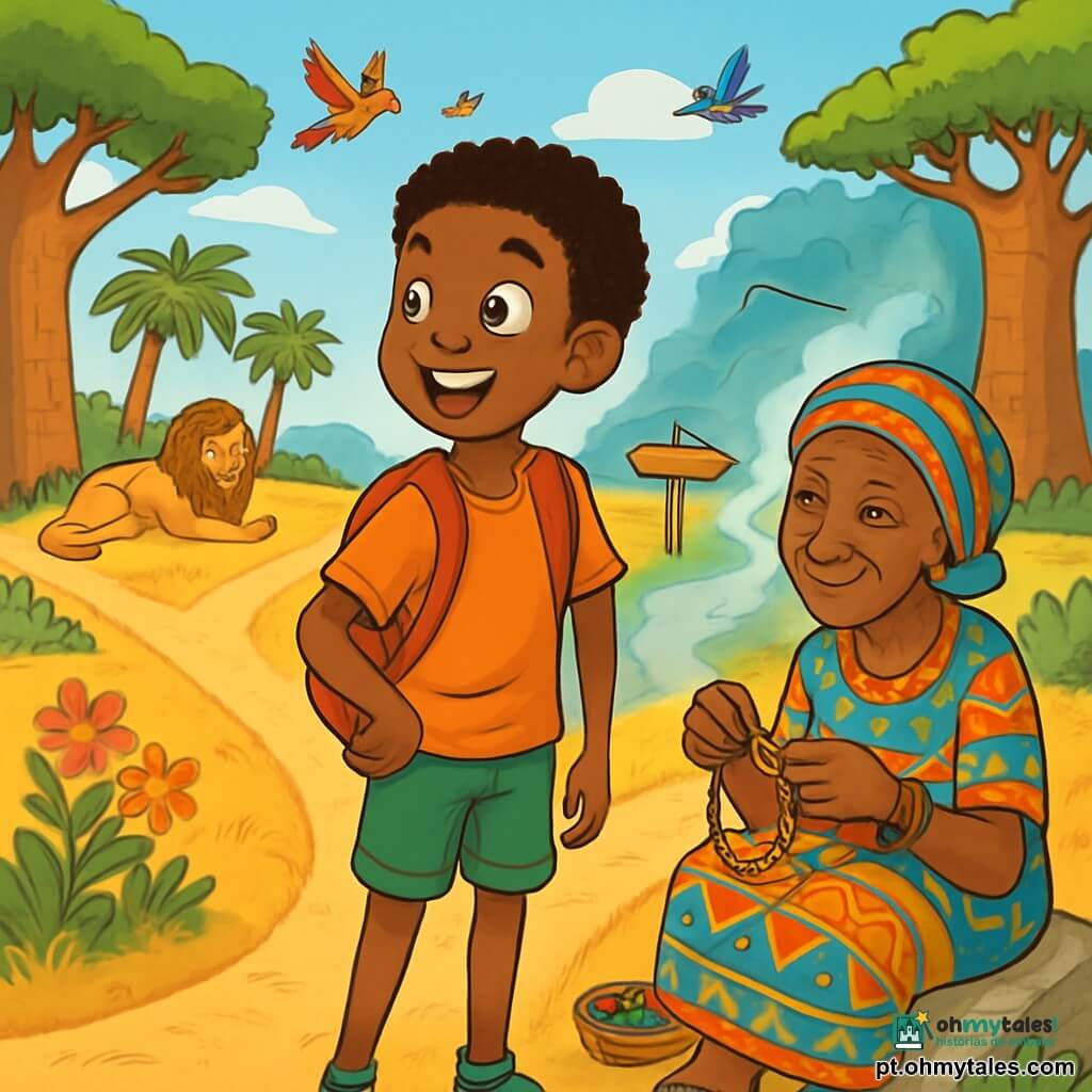 Kofi, um jovem africano de cerca de 12 anos, tem olhos brilhantes e curiosos, um largo sorriso que ilumina seu rosto e cabelos crespos. Ele está em uma encruzilhada, olhando com admiração para o caminho à sua direita, onde a névoa dança misteriosamente. Sua avó, uma mulher idosa de rosto enrugado e sábio, está sentada em uma pedra próxima, vestida com um vestido colorido de tecido tradicional, tecendo pulseiras de contas. Ela sorri para ele com benevolência, encorajando-o a seguir seu coração. O lugar é uma savana dourada, salpicada de majestosos baobás e flores vibrantes, sob um céu azul radiante. Pássaros coloridos voam acima, adicionando vida a essa cena vibrante. Kofi está na encruzilhada, hesitando entre o caminho ensolarado ladeado de palmeiras, a clareira tranquila onde repousa um majestoso leão e o caminho misterioso envolto em névoa, pronto para fazer uma escolha que pode mudar o destino de sua aldeia.