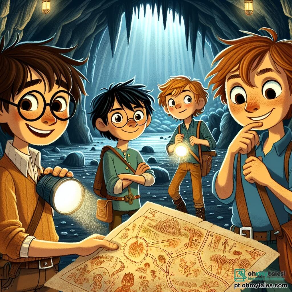 Em uma floresta encantada, quatro amigos estão juntos, prontos para sua aventura. Lucas, um garoto de 9 anos com cabelos castanhos bagunçados e óculos redondos, sorri segurando uma lanterna. À sua direita, Tiago, um garoto de cabelos loiros e olhos brilhantes, observa um velho mapa que desenhou, cheio de caminhos misteriosos. À esquerda, Pedro, um garoto de cabelos castanhos e óculos, aponta para desenhos antigos nas paredes da caverna, maravilhado. Por fim, Miguel, o mais corajoso, com cabelos negros e uma expressão determinada, está à frente deles, pronto para entrar no túnel escuro. O lugar é uma caverna misteriosa, com paredes de pedra rugosa iluminadas pela luz das lanternas, revelando desenhos antigos e sombras dançantes. Estalactites pendem do teto e o chão é coberto de pequenas pedras brilhantes. A situação principal mostra os amigos se preparando para explorar o túnel, um misto de excitação e apreensão em seus rostos, unidos pela amizade e pelo desejo de descobrir os segredos que a caverna guarda.