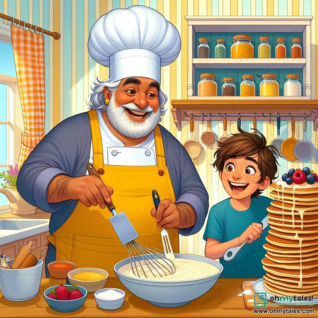 A cheerful chef, a man in his fifties wearing a large white hat and a yellow apron, smiles while mixing pancake batter in a large bowl. He has graying hair and a neatly trimmed beard. Next to him, a 7-year-old boy named Timmy, with messy brown hair and wearing a blue t-shirt, watches in awe as the batter bubbles in the pan. He holds a spatula and looks ready to flip a pancake, his eyes sparkling with excitement. The scene takes place in a warm, sunlit kitchen filled with wooden shelves loaded with colorful spice jars and fresh fruits on the counter. A large checkered curtain lets in sunlight, illuminating the pastel yellow walls. In this main scene, the chef and Timmy are preparing a stack of fluffy pancakes topped with juicy red berries, creating a joyful and friendly atmosphere full of laughter and happiness.