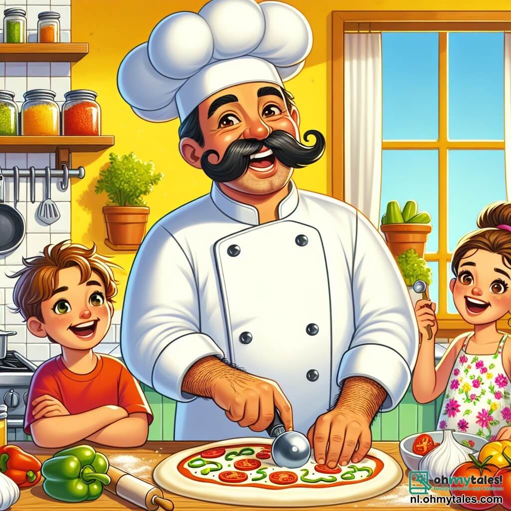 Een blije chef-kok, genaamd Karel, is een man van rond de veertig, met een grote snor en een witte chef-kap. Hij glimlacht breed, zijn ogen stralen van geluk terwijl hij pizzadeeg kneedt op een groot houten werkblad. Naast hem kijkt een 8-jarig jongetje met rommelig bruin haar en een rood T-shirt verwonderd toe, terwijl hij een tomaat in zijn handen houdt. Een ander personage, een 7-jarig meisje in een mooie bloemenjurk met een grote glimlach, voegt stukjes paprika aan een pizza toe, staande op een klein stoeltje om het werkblad te bereiken. De scène speelt zich af in een kleurrijke keuken, vol met kruidenpotten, verse groenten en glanzende keukengerei. De muren zijn felgeel geschilderd en de ramen laten zonlicht binnen, wat de vrolijke sfeer verlicht. Karel en de kinderen bereiden samen pizza's voor, waarbij iedereen zijn favoriete ingrediënten toevoegt, wat een sfeer van kameraadschap en culinaire creativiteit creëert.