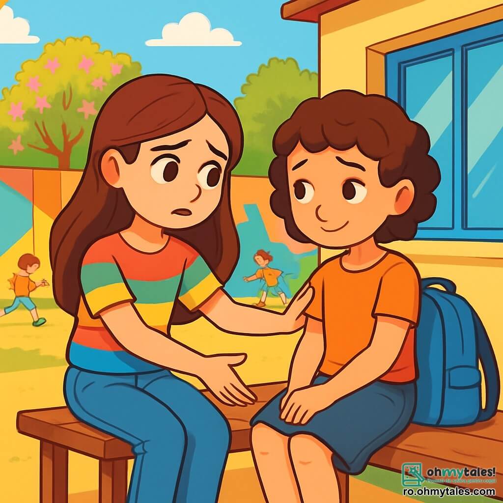 O fată de 10 ani, Maria, cu părul lung și brunet și ochi strălucitori, privește cu o expresie de compasiune și tristețe. Ea poartă un tricou colorat și blugi, stând pe o bancă într-o curte de școală însorită. Lângă ea, Ana, o altă fată de 10 ani, are părul scurt și creț, îmbrăcată simplu și cu un ghiozdan uzat. Ea pare timidă și puțin tristă, privind pe fereastra școlii. Curtea este înconjurată de ziduri vopsite în culori vii, cu copaci înfloriți și copii care se joacă în depărtare. Maria întinde mâna spre Ana, încercând să o includă într-un joc, în timp ce Ana rămâne așezată, ezitantă, cu un zâmbet ușor care începe să apară.
