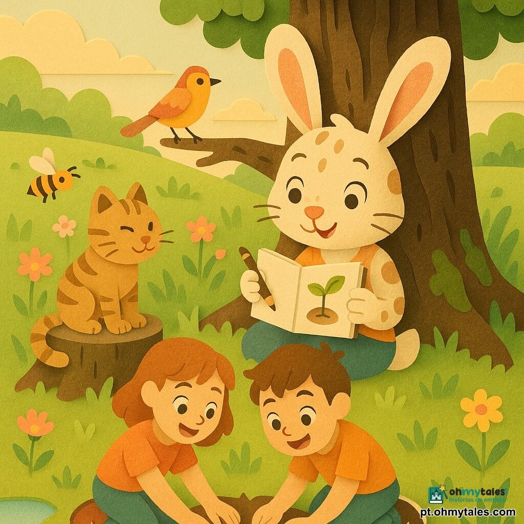 Tomé, um jovem coelho antropomórfico creme com manchas castanhas e grandes orelhas, sentado junto a um tronco, segura um caderno de desenho e um lápis mostrando uma página onde uma semente vira broto; à esquerda, Léo, um gato tabby listrado, curioso sobre um toco; à frente, duas crianças de joelhos na relva plantam uma semente juntas; uma abelha amarela e preta visita uma flor e um pássaro colorido pousa num galho; cenário de pradaria primaveril com flores silvestres, uma poça e uma grande árvore solitária com raízes e musgo; momento doce e instrutivo numa manhã dourada; estilo papel recortado em camadas, bordas desfiadas, sombras suaves, paleta quente e pastel, plano médio três-quartos e luz matinal rasante.