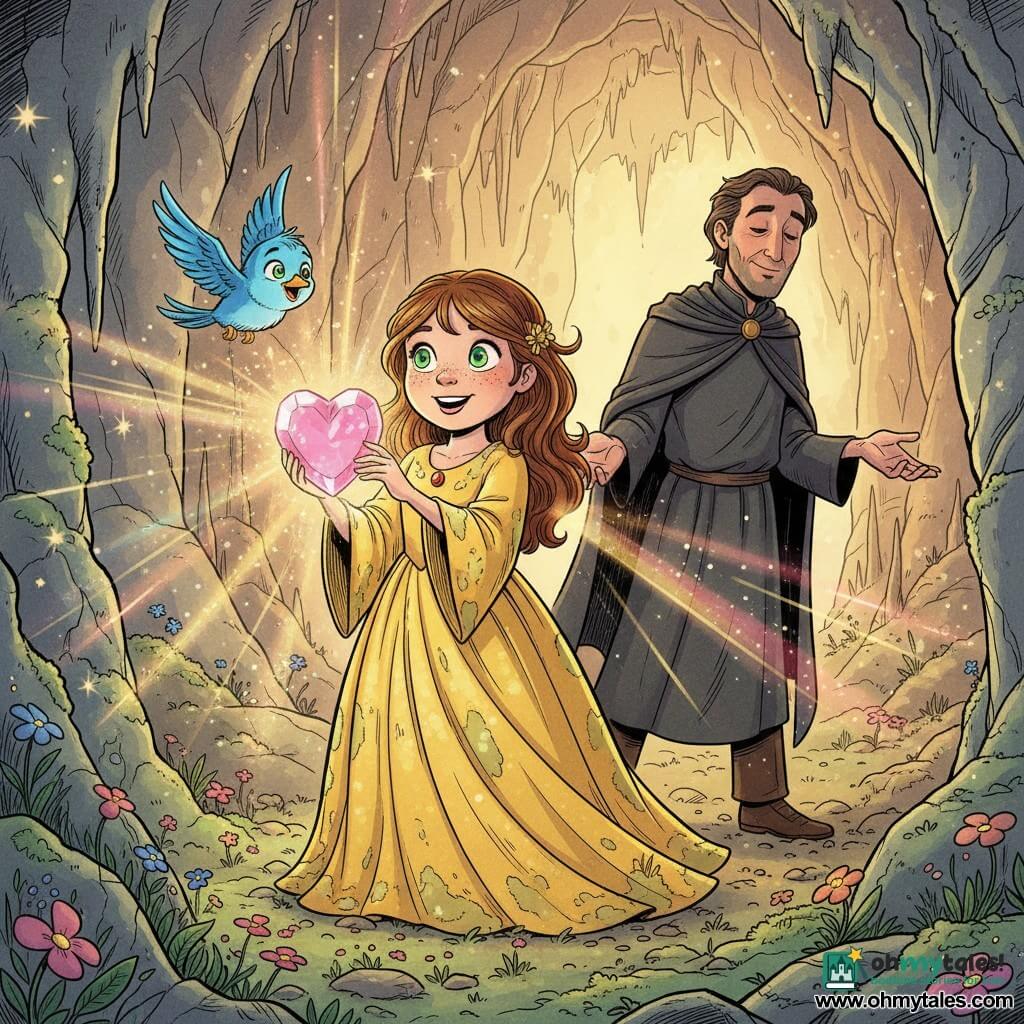 The princess is wide-eyed and brave, round-faced with bright green eyes and light freckles, wearing a flowing yellow dress stained with moss, holding a glowing pink heart-shaped crystal that radiates a warm golden light; Benny, a small joyful blue male bird, flies at her shoulder level with beating wings and an affectionate gaze; Malvado, a middle-aged sorcerer with a softened face and dark coat, stands slightly behind to her right with open hands as if regretful. They are in the Cave of Whispers — sparkling rock walls, fine stalactites, mossy floor dotted with phosphorescent flowers and glittering particles in the air. Main moment: the princess touches the Heart Crystal which sends out warm colorful rays, illuminating the cave, transforming Malvado and prompting Benny to celebrate by flying around; centered composition, warm contrasting colors, clear expressive lines, magical benevolent atmosphere.
