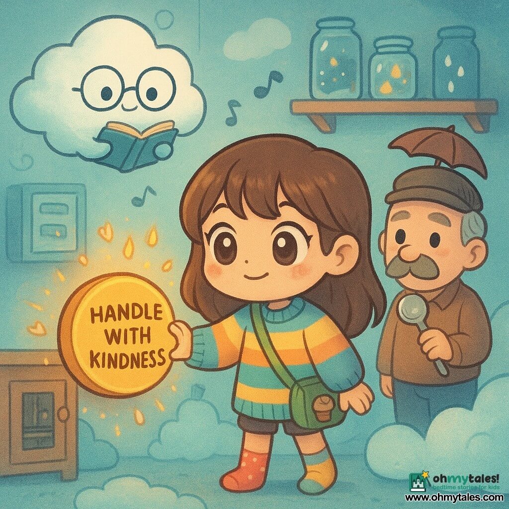 A 10-year-old girl with a round face and very large eyes, wearing an oversized striped sweater, mismatched socks, an empty muffin tin on her belt and a bottle-cap compass in her pocket, smiles bravely as she presses a large saucer-shaped button labeled "HANDLE WITH KINDNESS"; behind her to the right stands Mr. Tobin, a ~60-year-old man with a small umbrella-shaped hat and graying mustache, polishing a spoon like a telescope and looking tenderly surprised; above them floats an anthropomorphic cloud wearing round glasses and holding a tiny book titled "How To Be Misty," leaning in with a gentle, attentive expression. The interior of the Cloudery is a cozy, misty room with pale blue walls, cloud-shaped poufs, shelves of jars holding mini-storms and glowing droplets, and an open small cupboard labeled "CUPBOARD - SWITCHES." The button emits warm light and small golden droplet sparks, nearby clouds lean in as if listening, and little birds and musical notes float in the air. Graphic style: chibi kawaii, soft saturated colors, clean outlines, slightly fluffy textures, magical humorous vibe, composition centered on the button to convey kindness and curiosity.