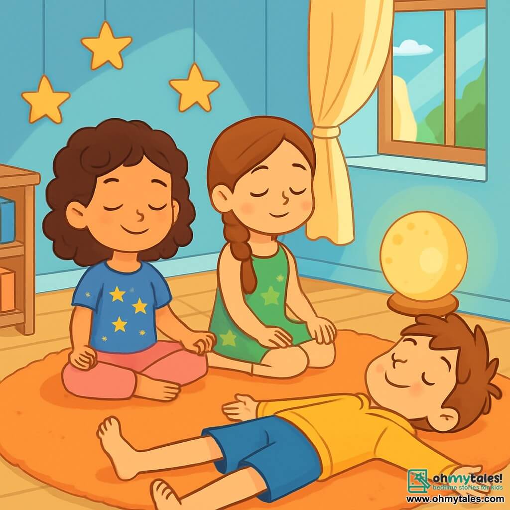 There are three characters: Maya, a 10-year-old girl with curly brown hair and sparkling eyes, wearing a blue t-shirt with stars and pink pants, sitting cross-legged on a soft rug with a serene smile; Lina, a 10-year-old girl with long, smooth hair in a braid, wearing a green floral dress and striped socks, sitting next to Maya with her hands on her knees, eyes closed in meditation; and Theo, a 10-year-old boy with short tousled hair, wearing a yellow sweatshirt and blue shorts, lying on his back with arms and legs spread out like a starfish, looking relaxed. The setting is a cozy room with pastel blue walls, paper stars hanging from the ceiling, a fluffy rug covering the floor, and soft light coming from a moon-shaped lamp. Books are stacked on a wooden shelf, and an open window lets in a gentle breeze that makes the curtains dance. The main scene shows the children practicing yoga poses in a peaceful atmosphere: Maya is in a meditation pose, Lina is stretching forward, and Theo is resting like a starfish. Their faces express tranquility and joy, while a soft golden light envelops them, creating a zen and calming ambiance.