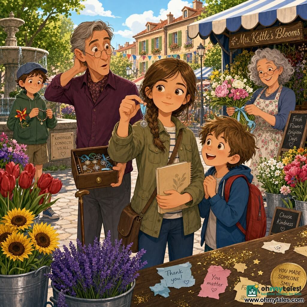 Maya, 12, determined and calm, braid, khaki jacket, beige notebook, holding a pale blue ribbon and small silver charm between thumb and forefinger, centered and confident; Leo, ~7, excited and curious, messy hair, red backpack, slightly behind her right, hands clasped, watching the charm; Mr. Finch, ~60, slim, gray hair, cane against his leg, plum shirt, left of Maya, surprised and sheepish, small open drawer with trinkets; Sam, ~9, ashamed but relieved, cap, red-yellow pinwheel in his pocket, near a fountain bench holding a beaded bracelet with a missing spot; Mrs. Kettle, ~60, gray curly hair, floral apron, smiling, behind a flower stall tying the ribbon around a white-and-pink bouquet; setting: outdoor flower market with paved paths, metal tubs of red tulips, yellow sunflowers, purple lavender, blue-and-white striped awnings, a small stone fountain, scraps of paper and gold glitter; scene: a gentle, friendly revelation as the young investigator presents the ribbon and charm to the vendor and boy, bright, reassuring, centered composition, soft saturated colors, clean vector, childlike style.