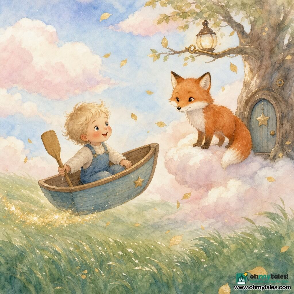 A 2-year-old boy with a round face, rosy cheeks, soft blond locks and big curious smiling eyes holds a small wooden oar as he climbs into a light-blue wooden boat; a gentle red fox with silky fur, white markings and a plume tail stands on a low cloud at the boat's height, watching him like a friend; a small round door set into the trunk of a cloud-tree has a golden star hanging on it and a shiny round key rests on a nearby lantern-branch; the scene shows a glowing sea of gently waving green grass, a pale watercolor blue sky with pink touches, fluffy pink-and-white clouds and drifting tiny golden leaves as the boat slowly flies from the grass toward the waiting cloud—soft, safe adventure in pastel colors with fluid lines and visible watercolor textures.