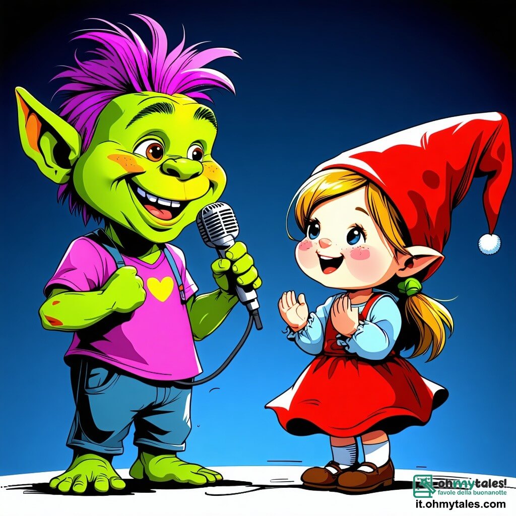 Al centro dell'immagine c'è un troll felice di nome Toto, con la pelle verde brillante e capelli disordinati di colore viola, che sorride ampiamente mentre tiene un microfono. I suoi occhi brillano di felicità mentre si prepara a raccontare una barzelletta. Alla sua destra, Giulia, una gnomina di 8 anni con un cappello a punta rosso e guance rosa, applaude con entusiasmo. Indossa un vestito a pois e ha occhi brillanti di curiosità. A sinistra, il Drago Scoppiettante, un drago colorato con squame scintillanti di blu e oro, si è alzato sulle zampe posteriori, ridendo di cuore, con nuvole di fumo colorato che escono dalle sue narici. Lo scenario si svolge in una grande piazza del Regno dei Sorrisi, circondata da case di caramelle multicolori e grandi alberi di zucchero filato, sotto un cielo blu brillante punteggiato da nuvole a forma di marshmallow. La scena principale mostra Toto pronto a raccontare una barzelletta a un pubblico entusiasta, pronto a far ridere tutti i suoi amici in un'atmosfera festosa e gioiosa.