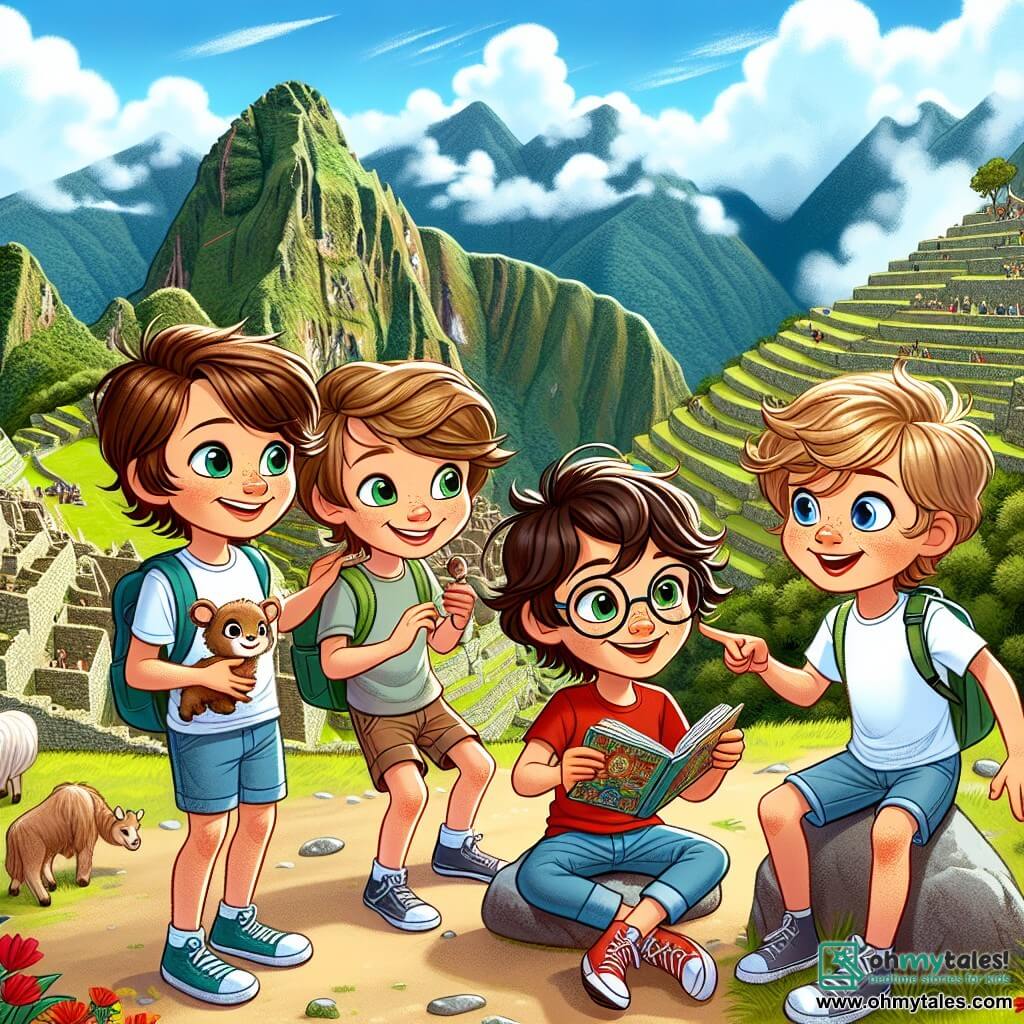 Four ten-year-old boys stand at the heart of Machu Picchu, surrounded by majestic green mountains. Max, with brown hair and sparkling eyes, smiles while holding a small stone pendant, while Leo, with messy blonde hair and a red t-shirt, points at a curious llama watching them. Oliver, wearing round glasses and having brown hair, flips through a book about Inca history while sitting on a flat stone. Finally, Finn, the youngest with curly hair and a mischievous smile, mimics the llama's expressions, making his friends laugh. The environment is spectacular, with ancient stone terraces stretching as far as the eye can see, adorned with colorful flowers, and clouds gently floating around the mountain peaks. The sky is bright blue, and a rainbow sparkles on the horizon after a light rain. The scene captures the moment the boys discover the pendant, symbolizing their adventure and friendship while marveling at the hidden treasures of this historic site.