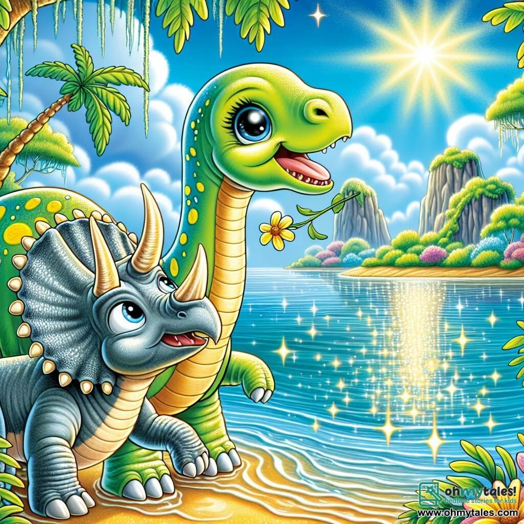 Daisy, a young long-necked diplodocus, stands by a sparkling river, her big eyes shining with excitement and curiosity. Her body is a soft green, dotted with yellow spots, and she leans slightly forward, ready to dive into adventure. Next to her, Toby, a triceratops with a massive skull and three sharp horns, looks on with a mix of apprehension and enthusiasm. He is a soft gray, with scales that shimmer in the sun, nibbling on a leaf while watching the river. In the background, a mysterious island emerges, shrouded in mist, with brightly colored trees and giant flowers swaying in the wind. The sky is a bright blue, dotted with fluffy clouds, and the sun shines, creating sparkling reflections on the water. The scene captures the moment when Daisy and Toby are about to cross the river to explore the mysterious island, filled with anticipation and joy, surrounded by the wild beauty of their prehistoric world.