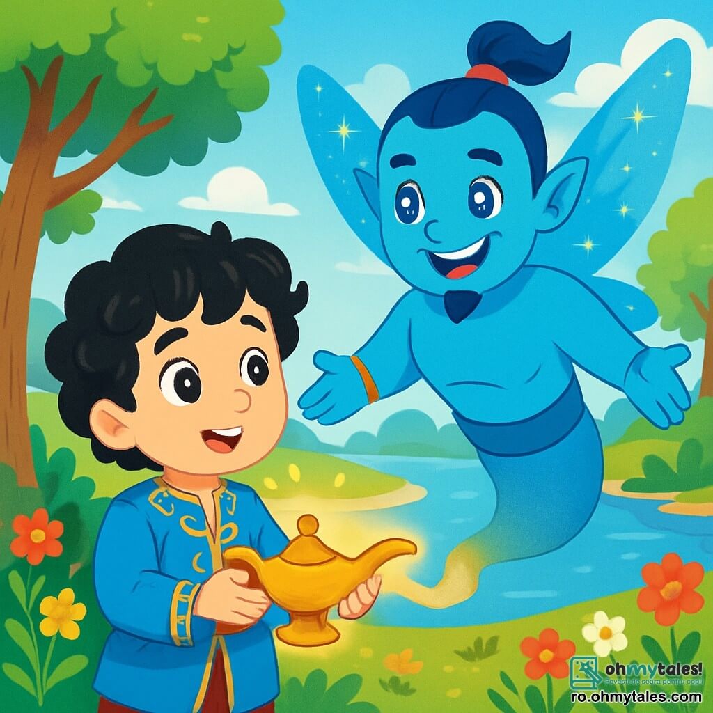 Aladdin, un băiat tânăr cu părul negru și creț, poartă o tunică albastră împodobită cu motive aurii. Fața lui exprimă curiozitate și uimire, în timp ce freacă o lampă veche, înconjurat de o lumină aurie. Lângă el, un mare duh cu aripi strălucitoare și ochi sclipitori ca stelele plutește în aer, pregătit să-i îndeplinească dorințele. Duhul are o piele de un albastru strălucitor și un zâmbet cald, cu brațele deschise ca să-l primească pe Aladdin. Scena se desfășoară pe malul unui râu cu ape cristaline, unde flori colorate împodobesc țărmul și copaci măreți se ridică în fundal, cu frunzele dansând în bătaia vântului. Cerul este de un albastru strălucitor, presărat cu nori pufoși. Aladdin, uimit, descoperă magia lampii, în timp ce duh, cu o atitudine prietenoasă, îi propune să-i îndeplinească prima dorință, creând o atmosferă de mister și aventură.