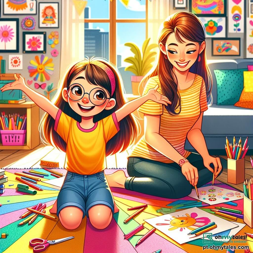 Uma menina de 10 anos, com longos cabelos castanhos e óculos redondos, sorri alegremente, sentada em um tapete colorido na sala. Ela usa uma camiseta amarela vibrante e um short jeans, cercada por livros de capas brilhantes. Ao lado dela, sua mãe, uma mulher de cerca de trinta anos com cabelos castanhos e um sorriso caloroso, prepara folhas coloridas para um projeto criativo. O ambiente é uma sala iluminada, decorada com desenhos de crianças nas paredes e um grande tapete macio, com raios de sol filtrando pelas cortinas. A situação principal mostra a menina e sua mãe criando cartões de papel para um festival japonês, cheias de empolgação e criatividade, cercadas por lápis e canetinhas coloridas.