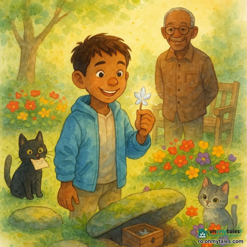 Un băiat, Alex, uimit și zâmbind, ține în mâna dreaptă o mică floare de cristal strălucitoare; în spate, la câțiva pași lângă o bancă veche de lemn, un bărbat în vârstă, blând, zâmbește ca un mentor; o pisică neagră ține un bilet în gură lângă o piatră plată mușcată de mușchi, iar o pisicuță cenușie stă printre flori; decorul e o mică grădină cu ronduri de flori colorate, iarbă verde și o piatră mare, scena surprinde momentul descoperirii când Alex ridică piatra și găsește cutia cu floarea de cristal, lumină blândă de după-amiază, atmosferă caldă și misterioasă, paletă acuarelă luminoasă.