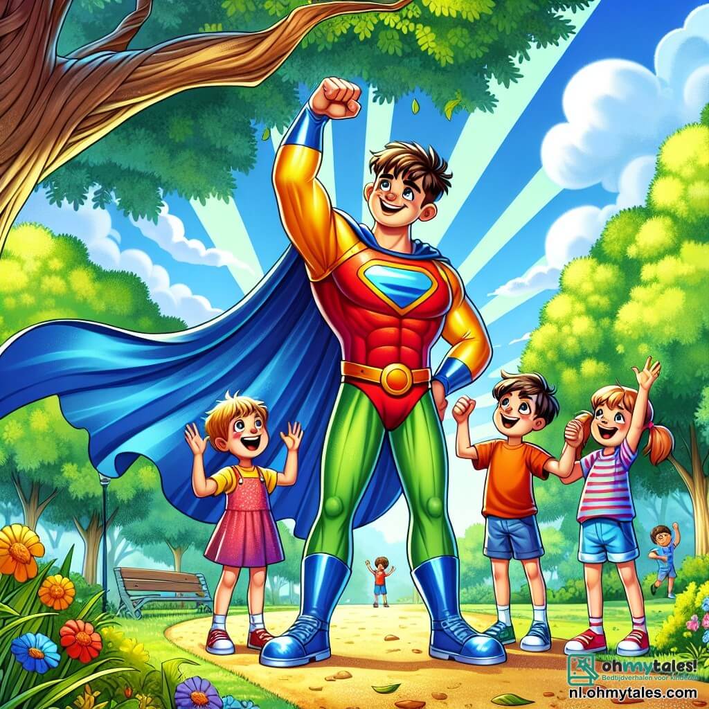 Een mannelijke superheld, Bliksemman, staat in het midden van de afbeelding met een grote glimlach op zijn gezicht. Hij draagt een glanzend kostuum in felle kleuren, met een blauwe cape die achter hem wappert. Zijn haren zijn kort en tousled, en hij heeft sprankelende ogen van vreugde. Hij tilt een grote tak op om de weg vrij te maken, wat zijn kracht en vastberadenheid toont. Naast hem staat een groep van drie kinderen, twee jongens en een meisje, met grote ogen van bewondering. De eerste jongen, 8 jaar oud, heeft bruin haar en draagt een rode t-shirt. De tweede jongen, 7 jaar oud, heeft blond haar en een blauwe short. Het meisje, 6 jaar oud, heeft twee staartjes en draagt een roze jurk. Ze moedigen hem allemaal aan, met opgeheven armen en stralende glimlachen. De scène speelt zich af in een groen park, met majestueuze bomen en kleurrijke bloemen om hen heen. In de verte spelen kinderen, en de lucht is helderblauw met enkele donzige witte wolken. De hoofdactie toont Bliksemman die de dag redt door een gevallen tak van een boom weg te halen, terwijl de kinderen bewonderend toekijken, wat de geest van samenwerking en vriendschap illustreert.