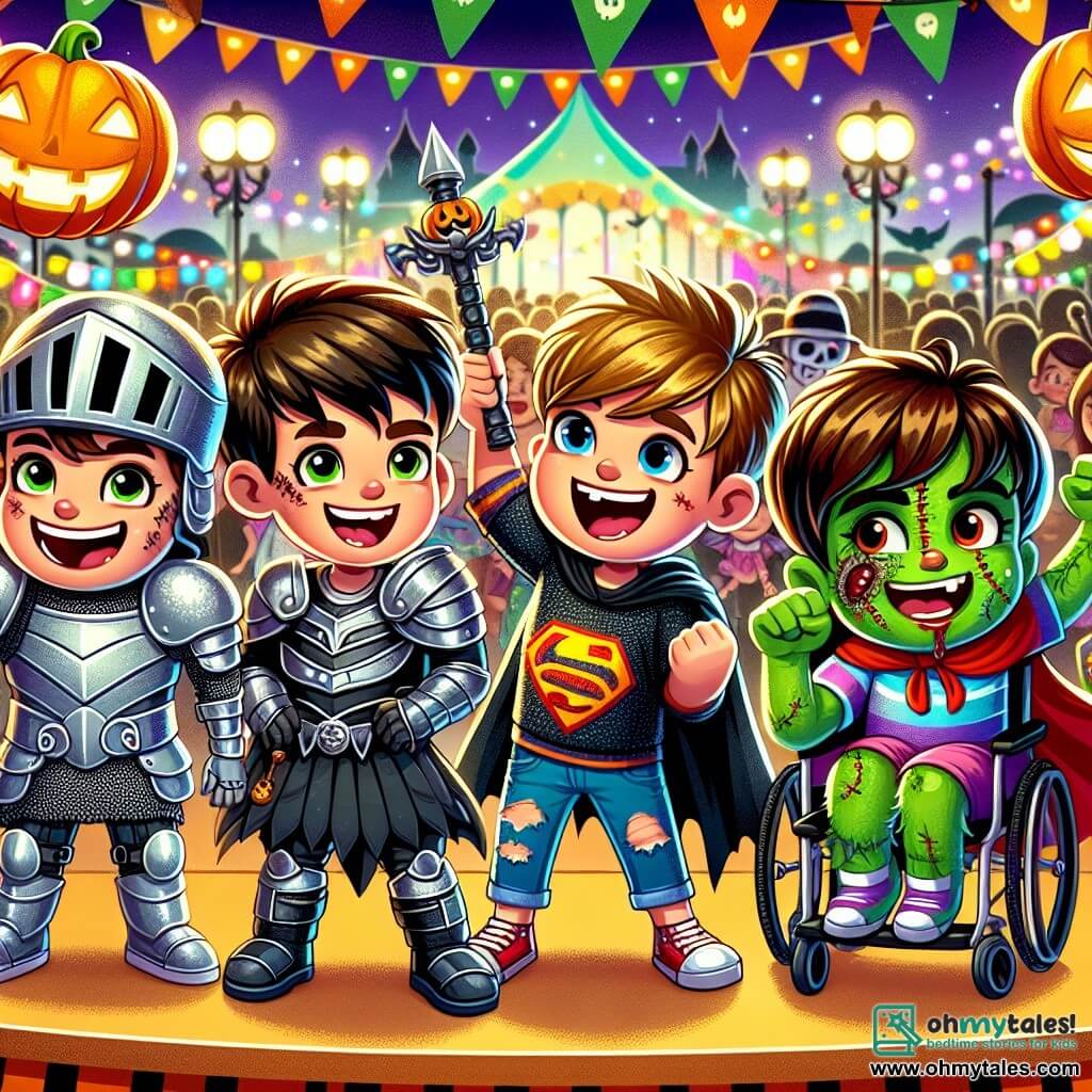 In the center of the image, four friends stand on a Halloween festival stage. On the left, Sam, a 10-year-old boy, wears shiny armor and a knight's helmet, brandishing a plastic sword with a big smile. To his right, Leo, a 9-year-old boy, is dressed as a pirate with a black hat, striped shirt, and a toy saber, laughing joyfully. Next to Leo, Jamie, an 8-year-old girl, is transformed into a zombie with green makeup and torn clothes, making a funny face. Finally, on the right, Finn, a 10-year-old boy in a wheelchair, wears a red superhero cape and mask, smiling enthusiastically. In the background, the scene is a lively Halloween festival, with illuminated orange lanterns, colorful candy stands, and children in costumes dancing and playing. Spider web decorations and smiling pumpkins add a festive and magical atmosphere. The main focus shows the friends on stage, showcasing their costumes to the audience with joyful expressions, while a friendly ghost, Boo, floats happily above them, adding a touch of magic to the festive scene.