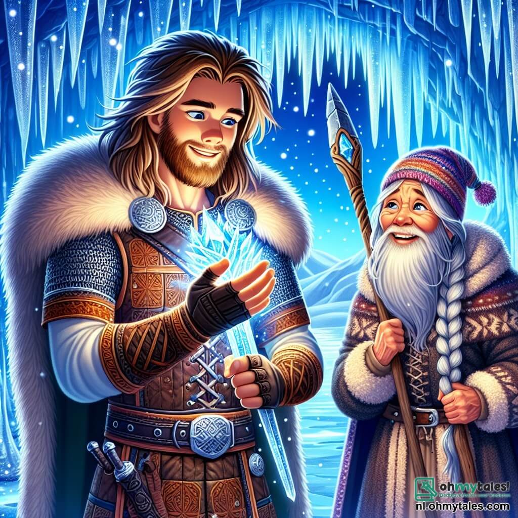 Een jonge Viking genaamd Eirik, ongeveer 18 jaar oud, staat trots in het midden van de afbeelding. Hij heeft lang, bruin haar, een goed verzorgde baard en draagt een leren harnas versierd met Noordse motieven. Zijn gezicht straalt vastberadenheid en verwondering uit, met heldere ogen die het licht van de sterren weerspiegelen. In zijn rechterhand heft hij een fonkelende zard, zijn magische wapen, dat een zachte, gouden gloed uitstraalt. Naast hem staat een wijze oude vrouw van ongeveer 70 jaar met lange, gevlochten grijze haren en een vriendelijk, gerimpeld gezicht, die Eirik aanmoedigt met een glimlach. Ze draagt een dikke wollen jurk en houdt een gesculpteerde houten staf vast, iets op de achtergrond, als een spirituele gids. De achtergrond is een majestueuze ijsgrot met fonkelende stalactieten en diepblauwe muren, verlicht door het licht van Eiriks zard. Buiten vallen zachte sneeuwvlokken, wat een magische en vredige sfeer creëert. De hoofdscène toont Eirik die het magische zard ontdekt, met een mix van opwinding en respect. Hij heft het wapen boven zijn hoofd, klaar om zijn lot te omarmen, terwijl de oude vrouw hem aanmoedigt met een wijze blik.