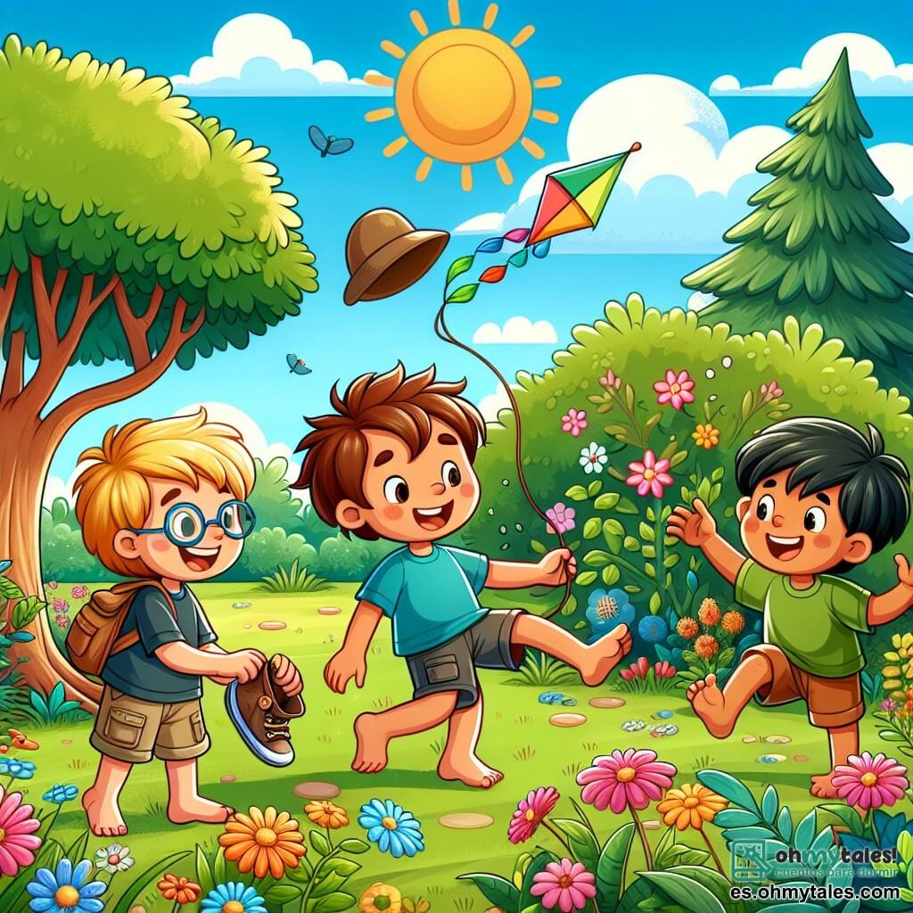 Tres amigos se reúnen en un jardín soleado. Tomás, un niño de 8 años con cabello castaño desordenado y una camiseta azul, mira preocupado su pie descalzo, dándose cuenta de que ha perdido su calcetín. A su lado, Lucas, un niño de 7 años con cabello rubio y gafas redondas, sonríe sosteniendo un gran sombrero de explorador. Miguel, un niño de 9 años con cabello negro y camiseta verde, salta de alegría, sosteniendo una cometa colorida que han hecho juntos. El jardín está lleno de flores brillantes, grandes árboles con hojas verdes y un cielo azul claro con algunas nubes blancas. En el centro, un gran árbol majestuoso se alza, mientras un pequeño arbusto se esconde detrás, listo para revelar secretos. Los tres amigos, con expresiones de determinación y emoción, buscan juntos el calcetín perdido, mientras preparan su cometa para atrapar el viento, rodeados de risas y una atmósfera alegre, listos para vivir una aventura inolvidable.